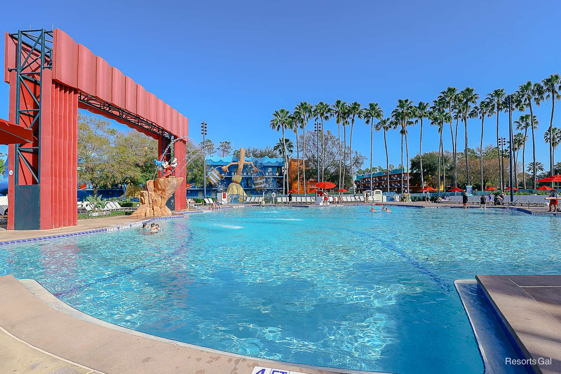 A view of the entire pool at All-Star Movies with red curtains backdrop to represent theater. 