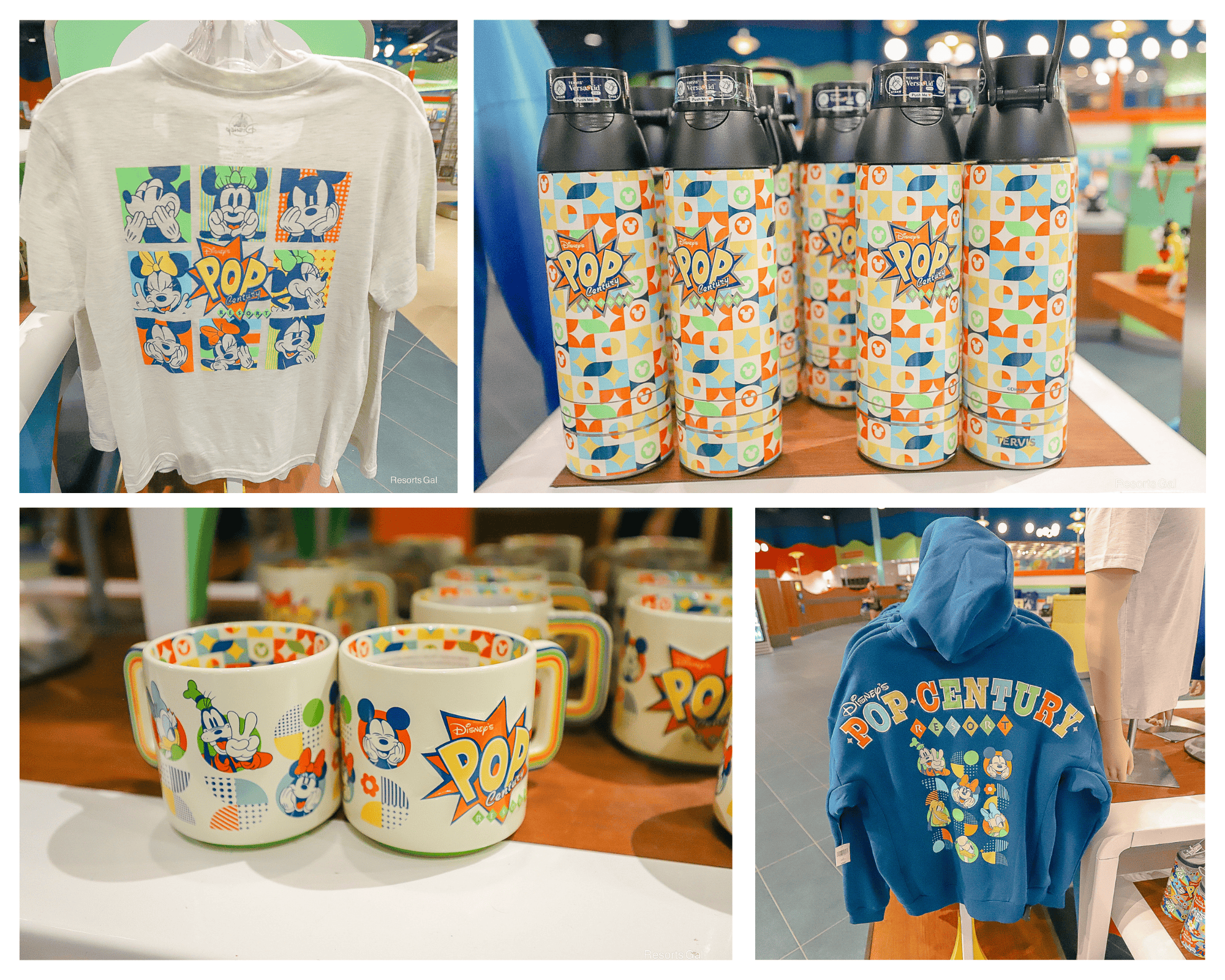 a collage with four new pieces of Pop Century logo merchandise