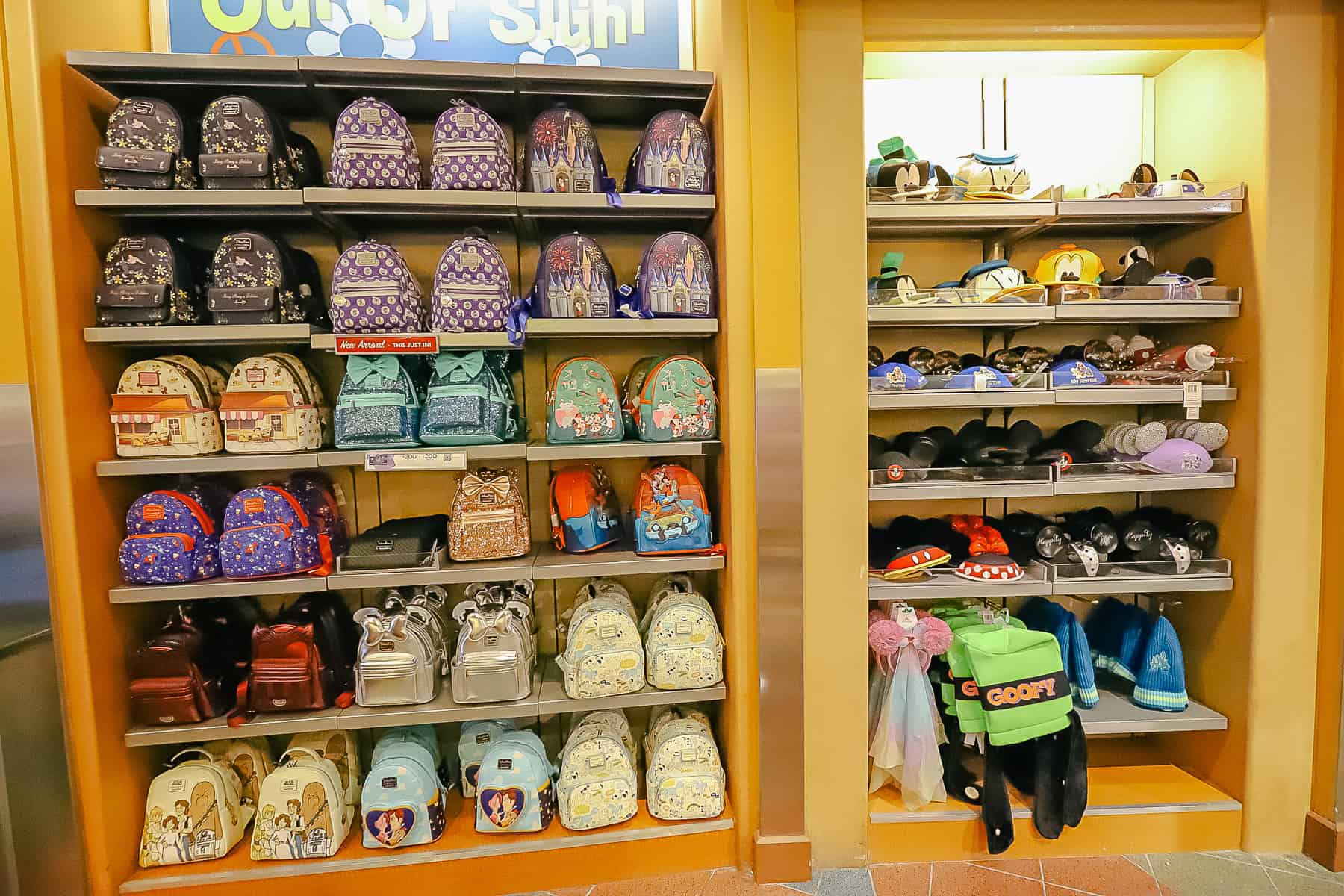 Disney Loungefly and hats for sale at the gift shop 