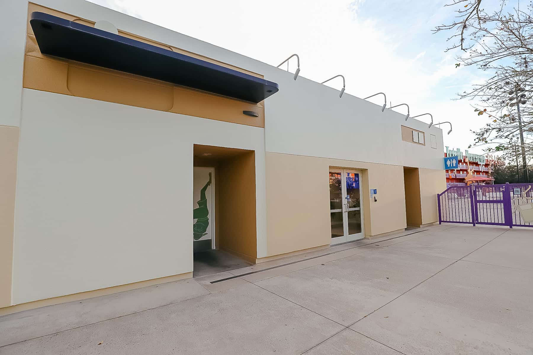 The exterior of the laundry room at the Computer Pool at Pop Century. 