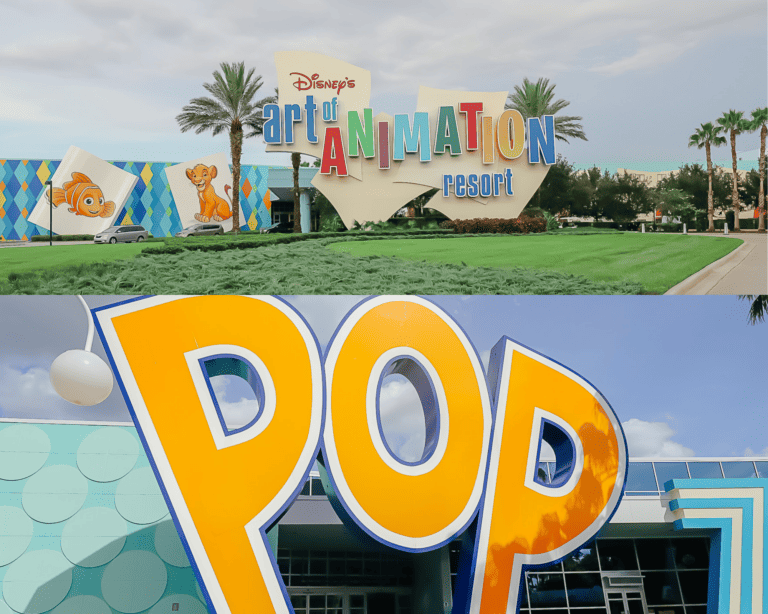 combines the entrance of Art of Animation and the entrance of Pop Century Resort | Resorts Gal