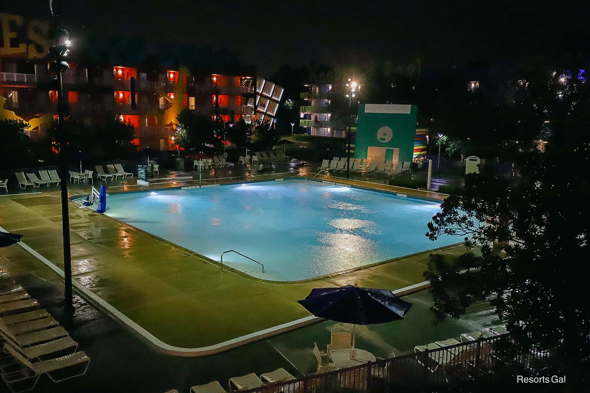 the Computer Pool at Pop Century at night 