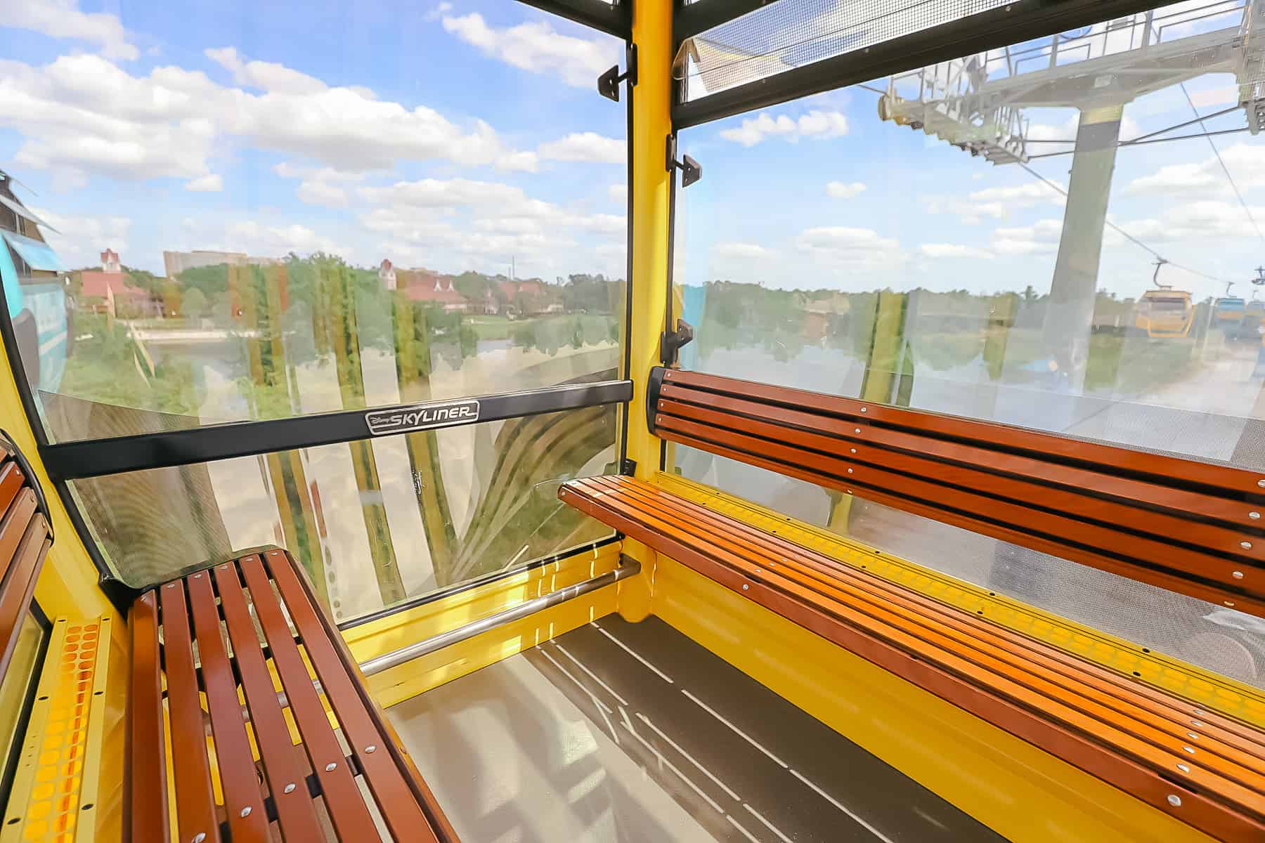 the interior of a Skyliner gondola 