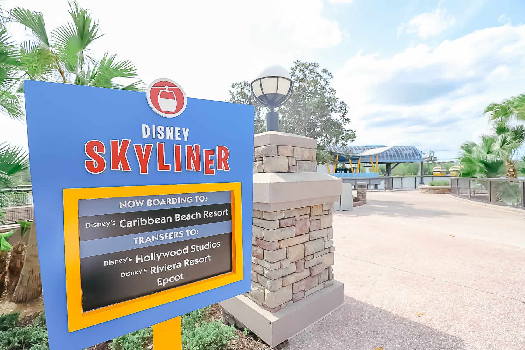 A sign that lists the stops on the Skyliner from Disney's Pop Century Resort. 