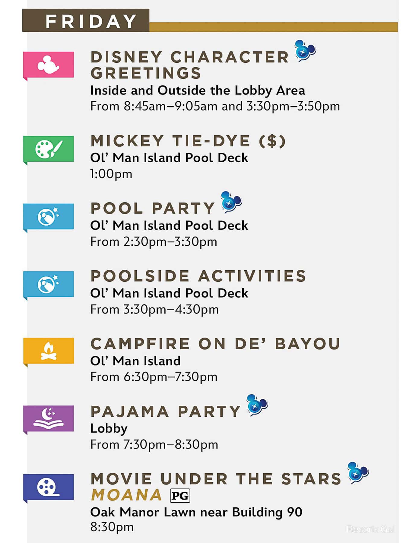 list of resort activities on Fridays at Port Orleans Riverside during Cool Kid Summer