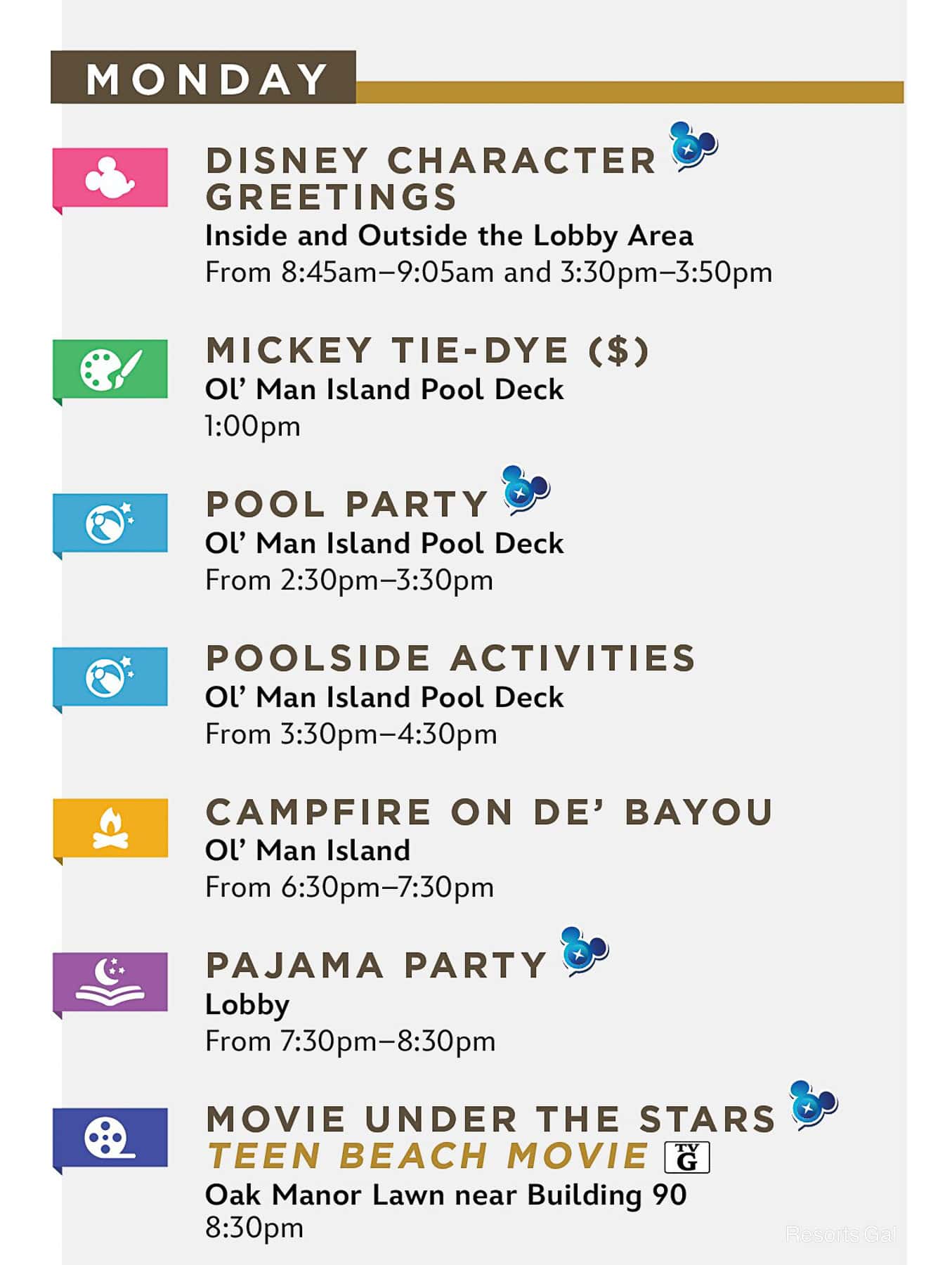 list of resort activities on Mondays at Port Orleans Riverside during Cool Kid Summer