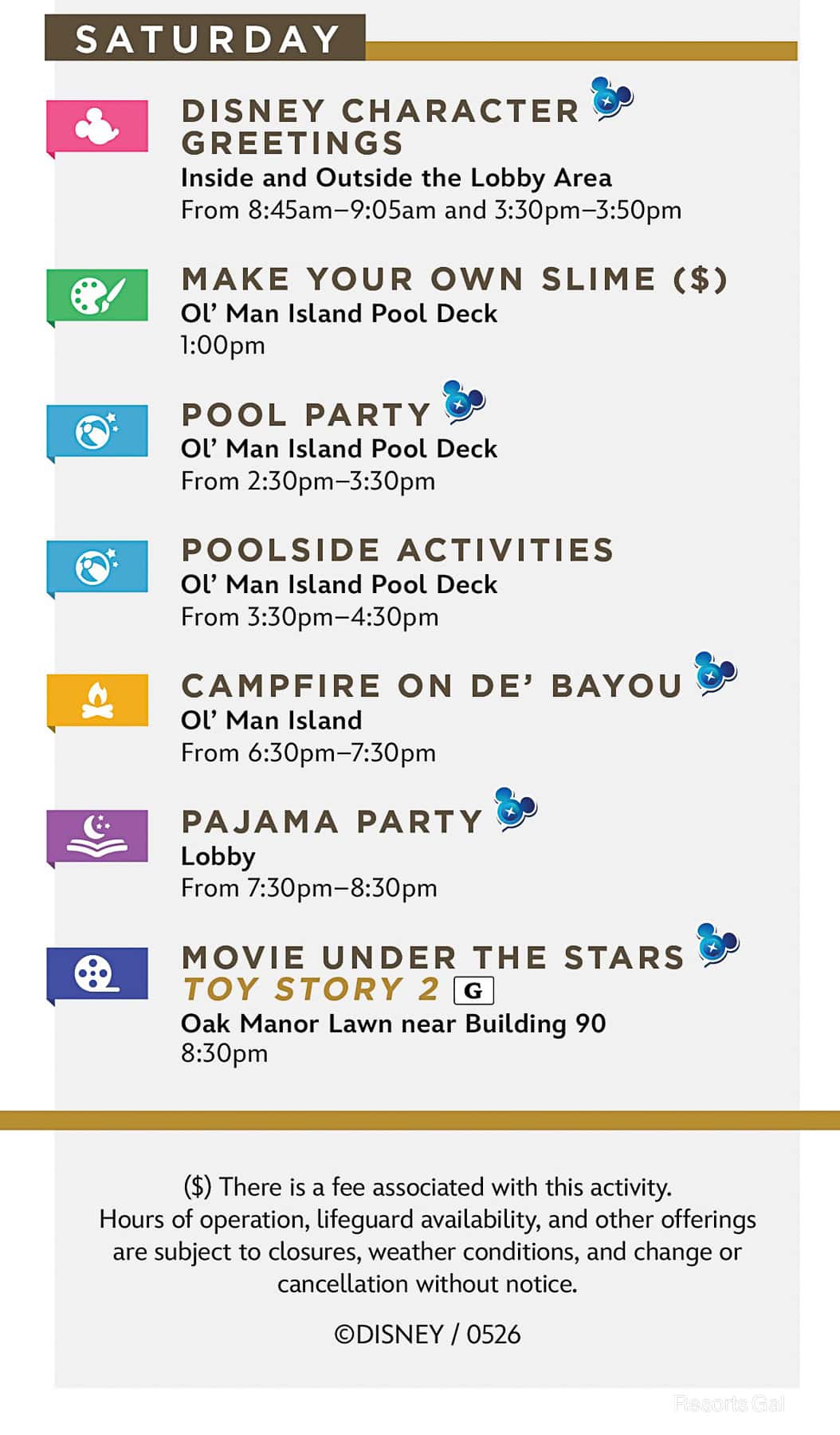 list of resort activities on Saturdays at Port Orleans Riverside during Cool Kid Summer