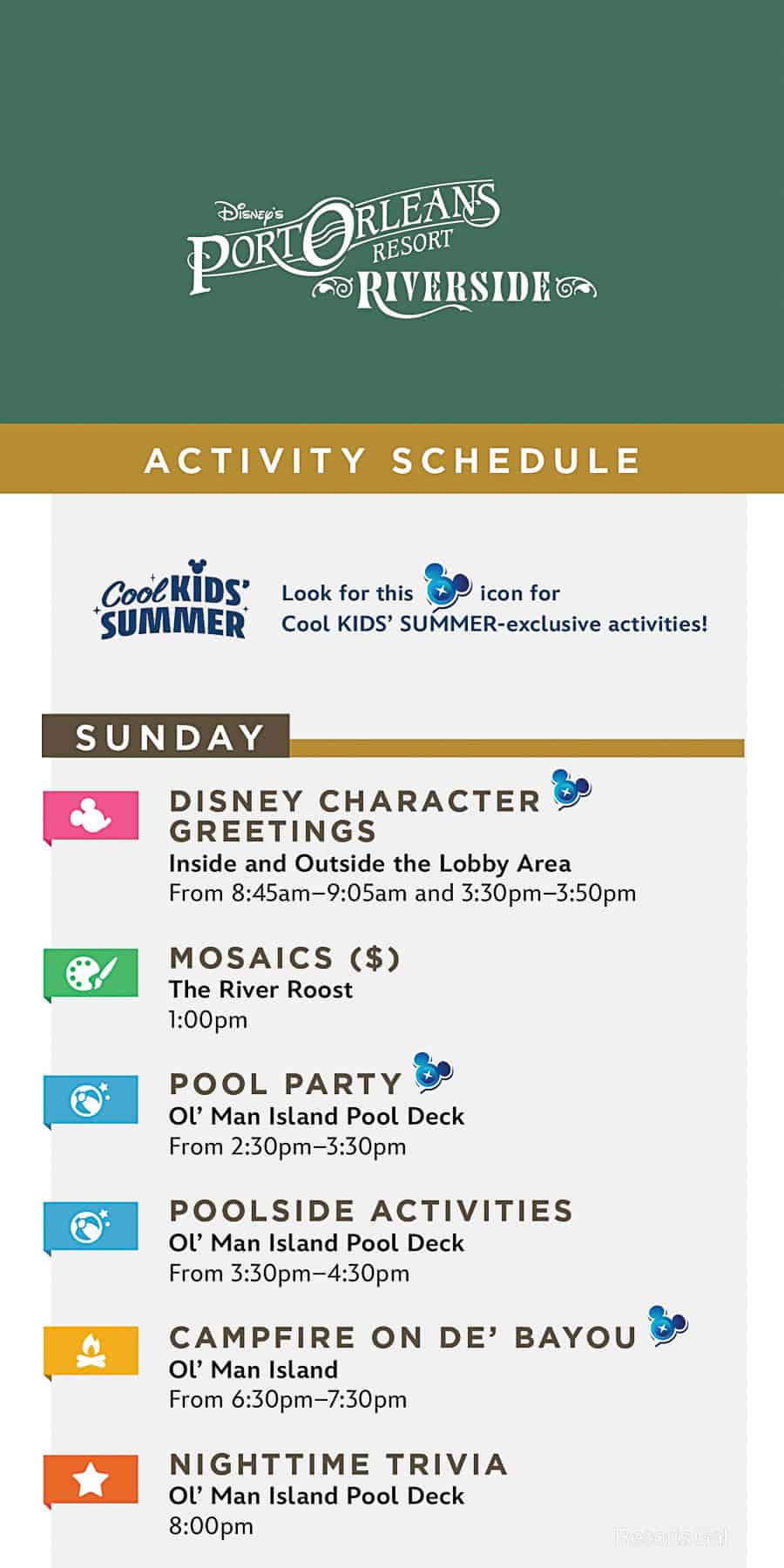 list of resort activities on Sundays at Port Orleans Riverside during Cool Kid Summer