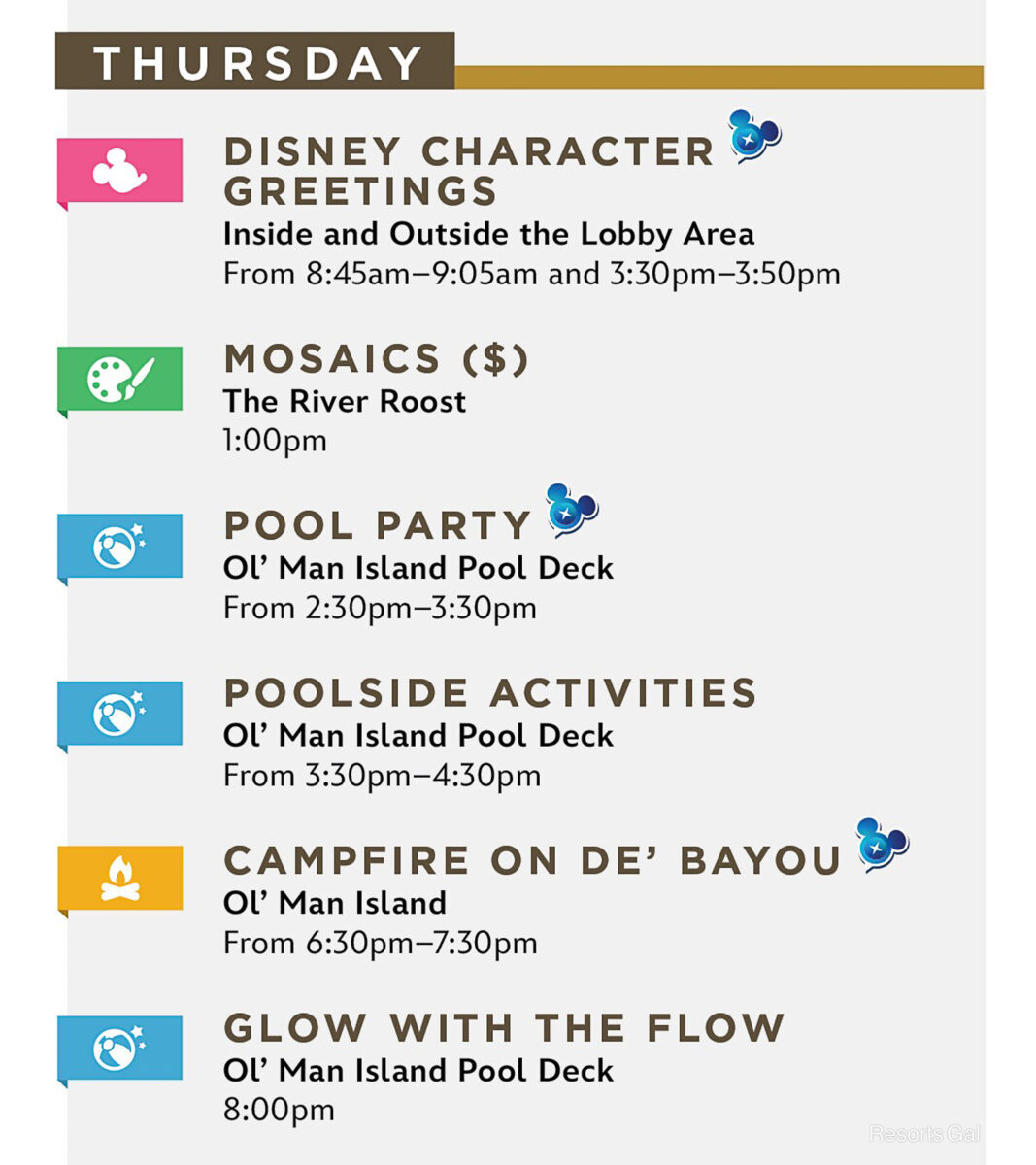 list of resort activities on Thursdays at Port Orleans Riverside during Cool Kid Summer