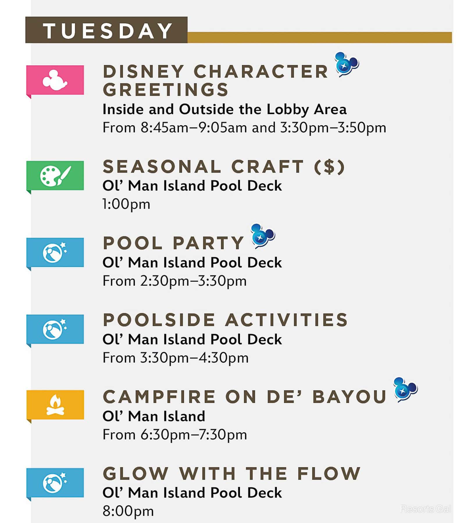 list of resort activities on Tuesdays at Port Orleans Riverside during Cool Kid Summer