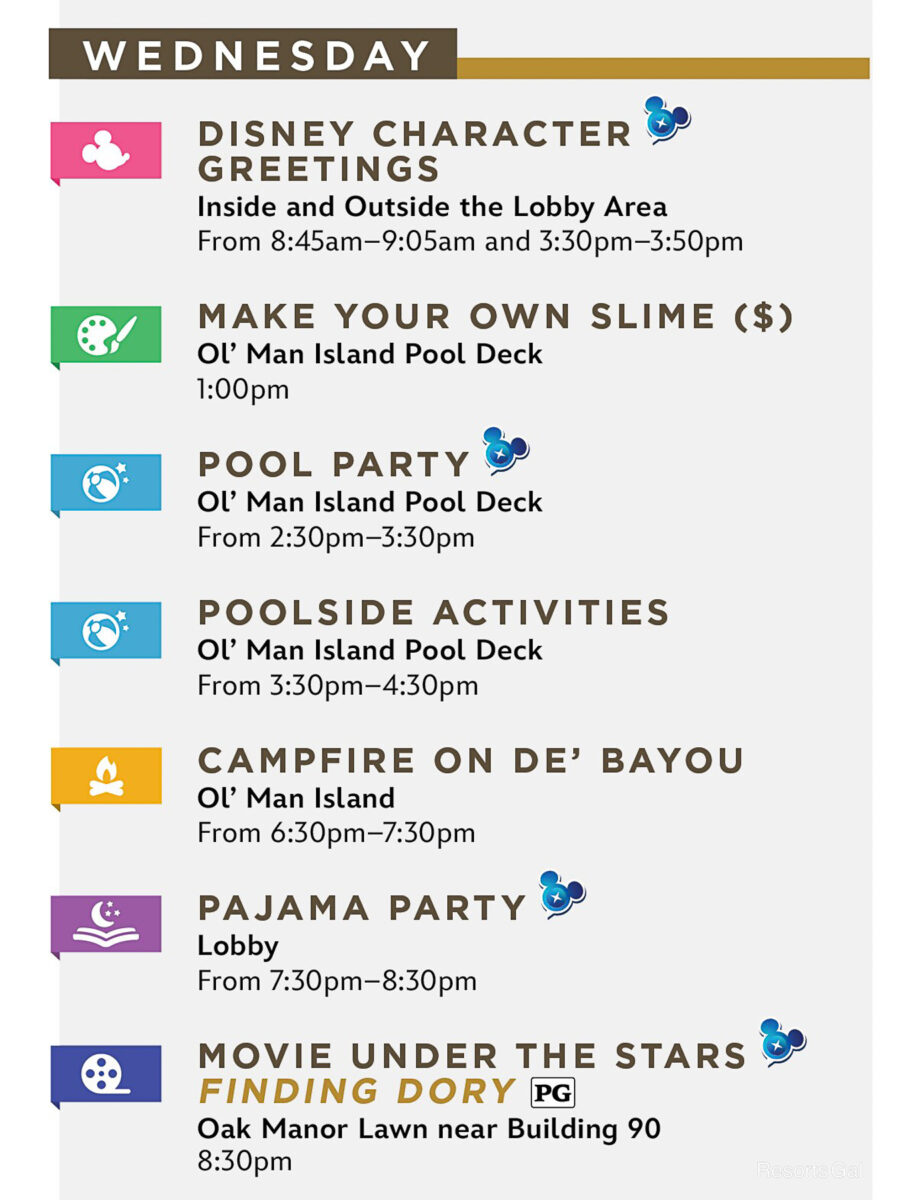 list of resort activities on Wednesdays at Port Orleans Riverside during Cool Kid Summer