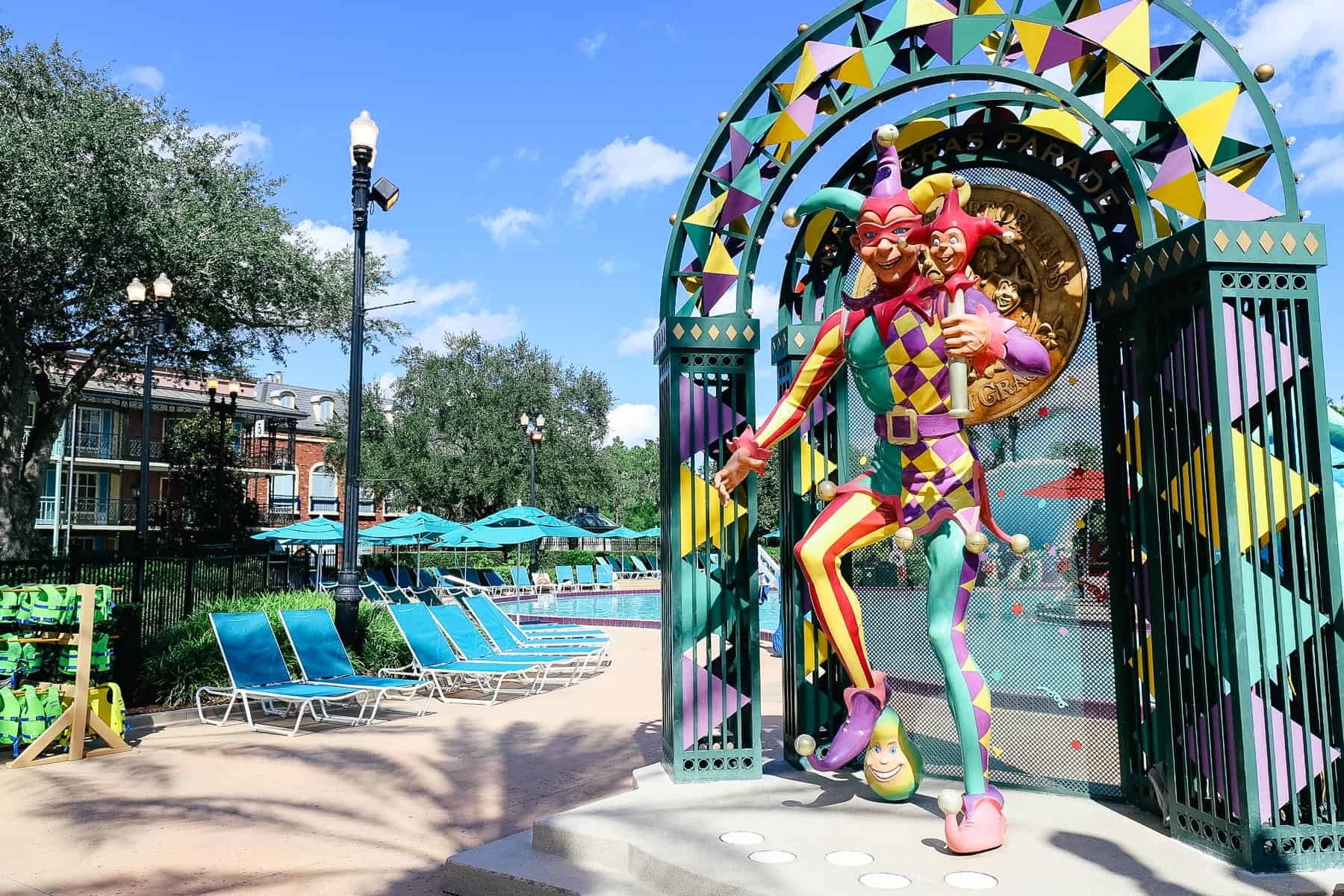 Jester that sits near the pool at Port Orleans French Quarter Disney