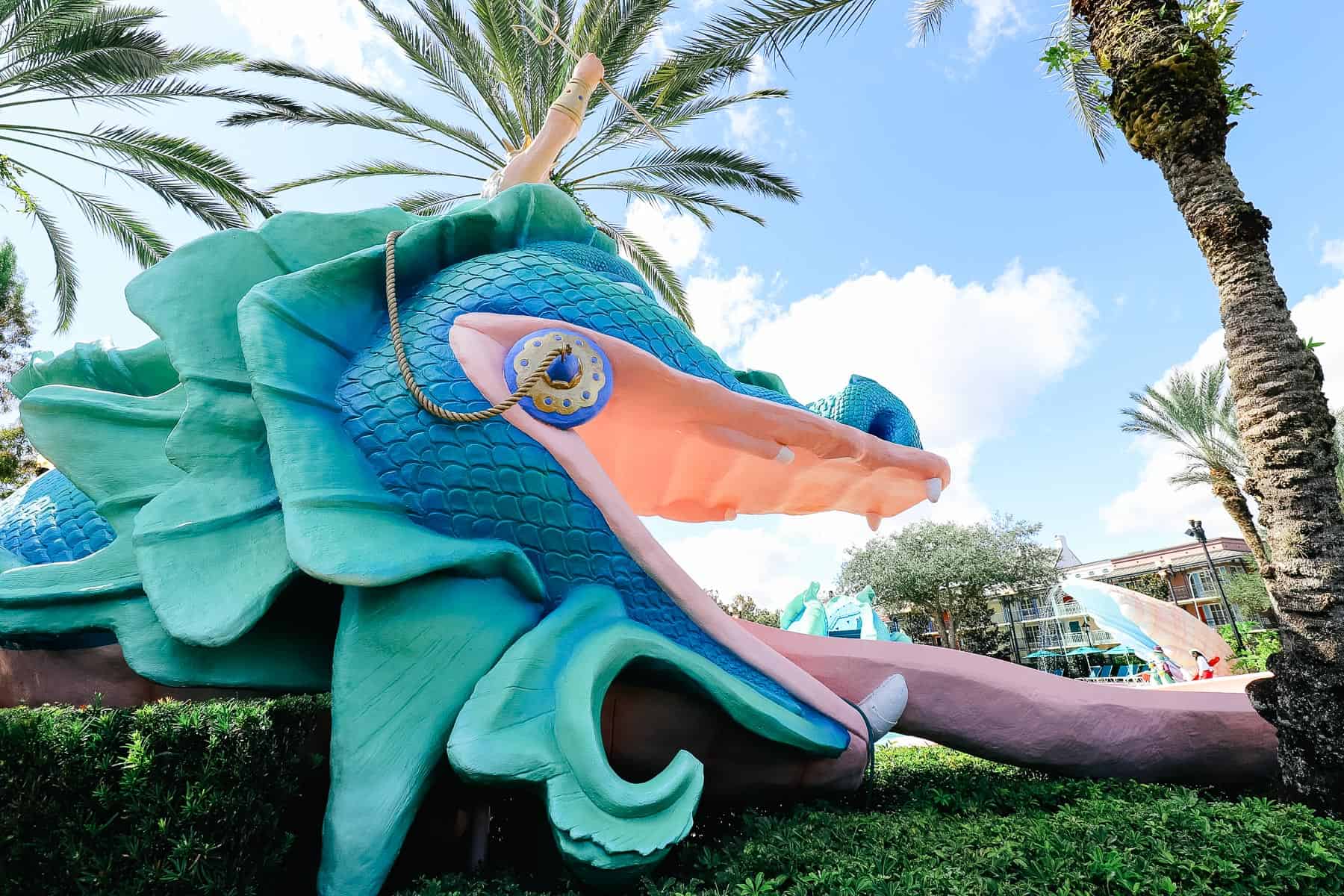 a side view of the serpent slide at Port Orleans French Quarter 