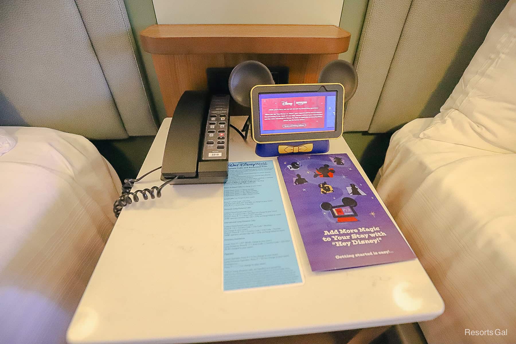 the Hey Disney Device on top of the nightstand at Port Orleans French Quarter