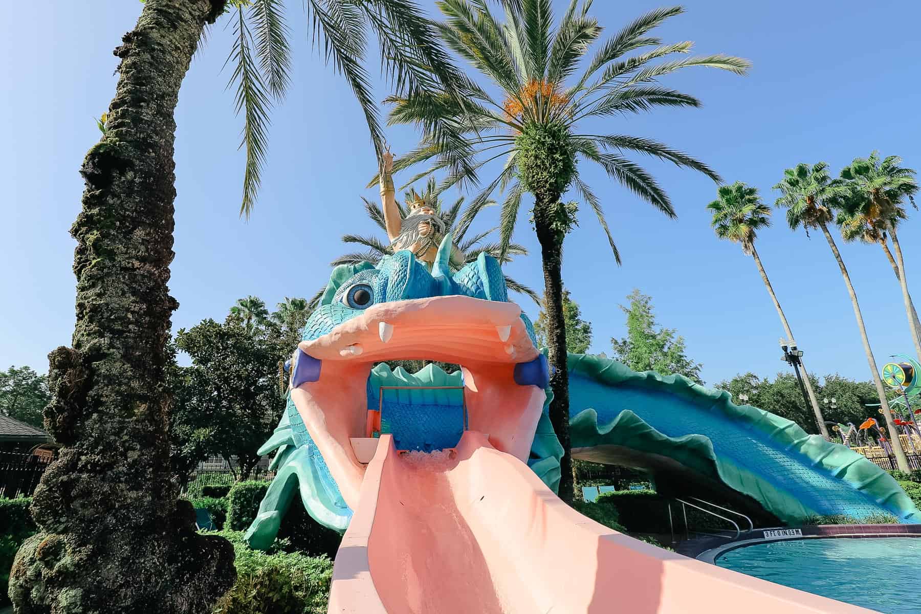 King Neptune on Scales the Water Slide at Port Orleans French Quarter Pool