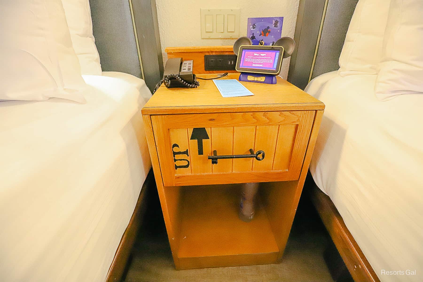 A nightstand with outlets. 
