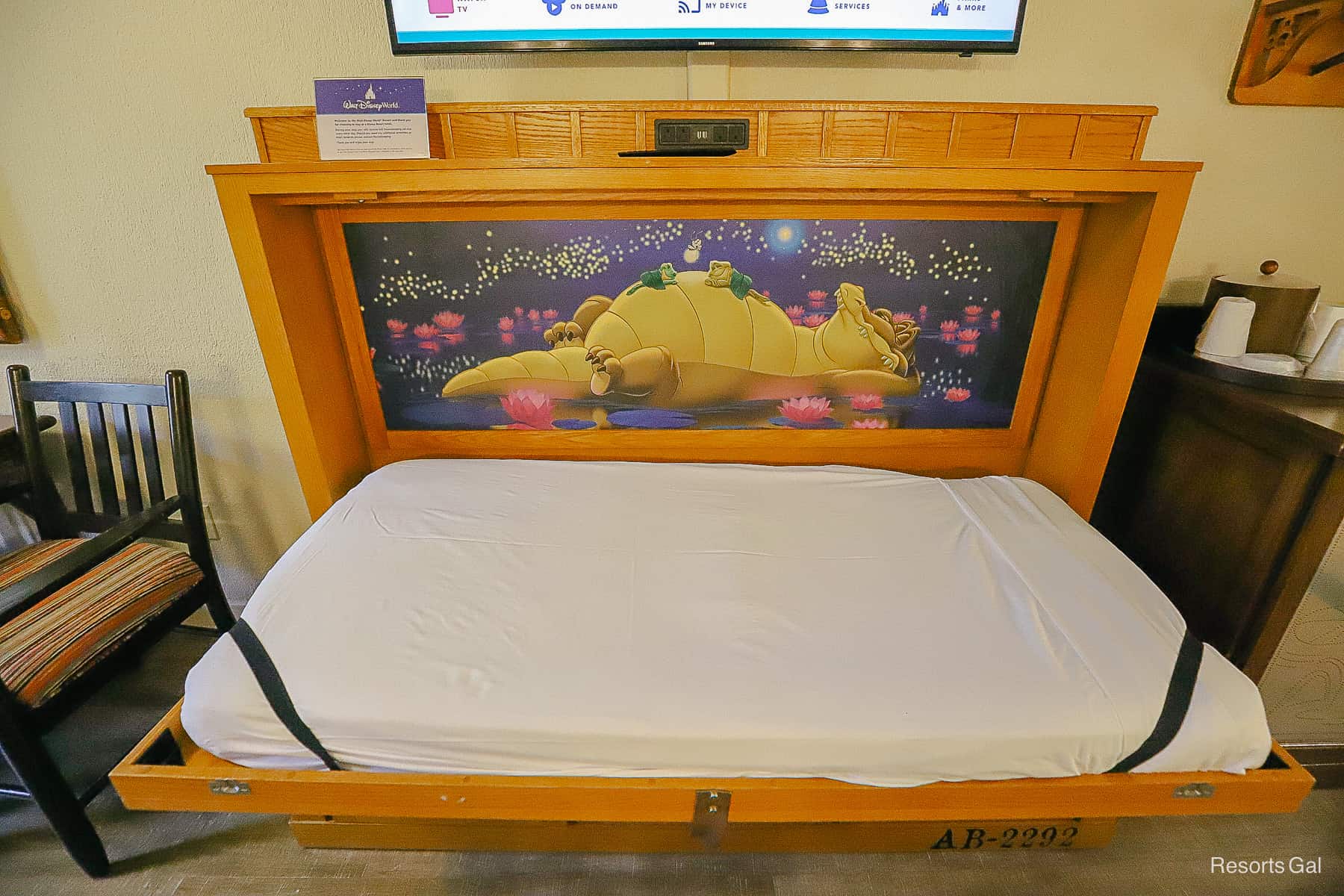 Folded bed with twin size mattress in the Alligator Bayou rooms at Port Orleans Riverside. 