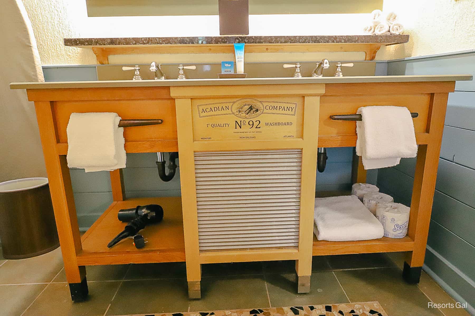 The front of the sink is designed to look like an old-fashioned washboard. 