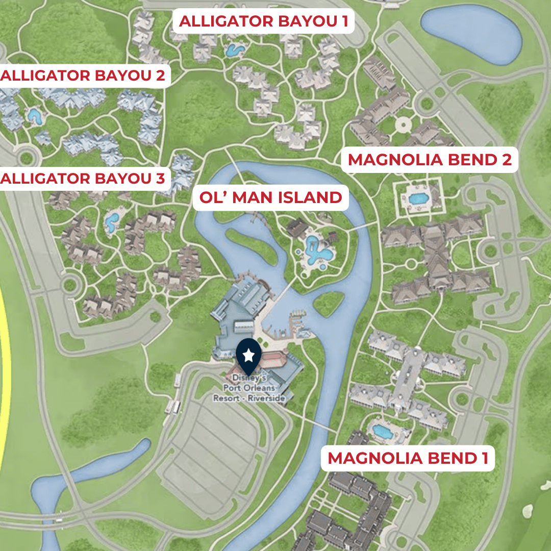 pool map that shows the location of each quiet and feature pool at Port Orleans Riverside 