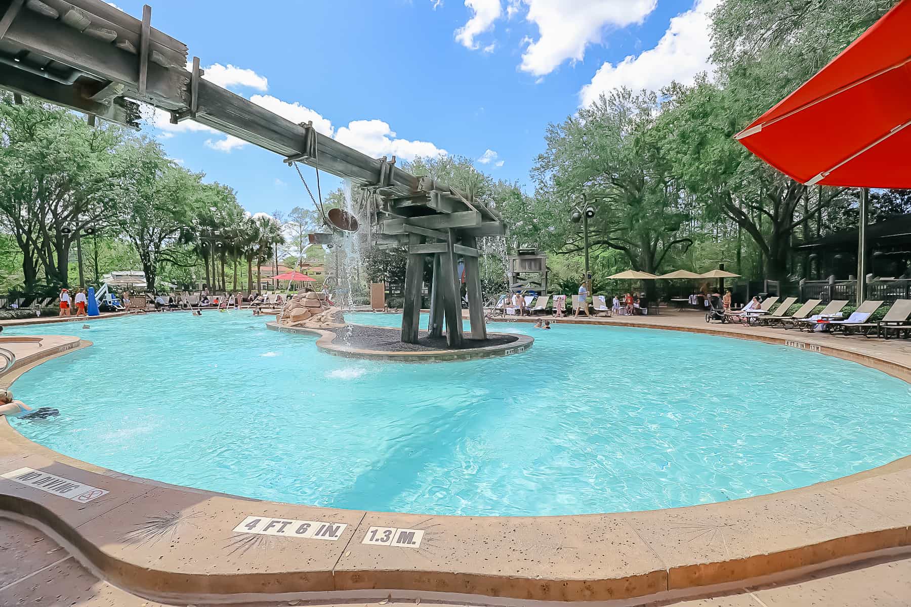 The main pool at Port Orleans Riverside is designed to look like a working mill. 