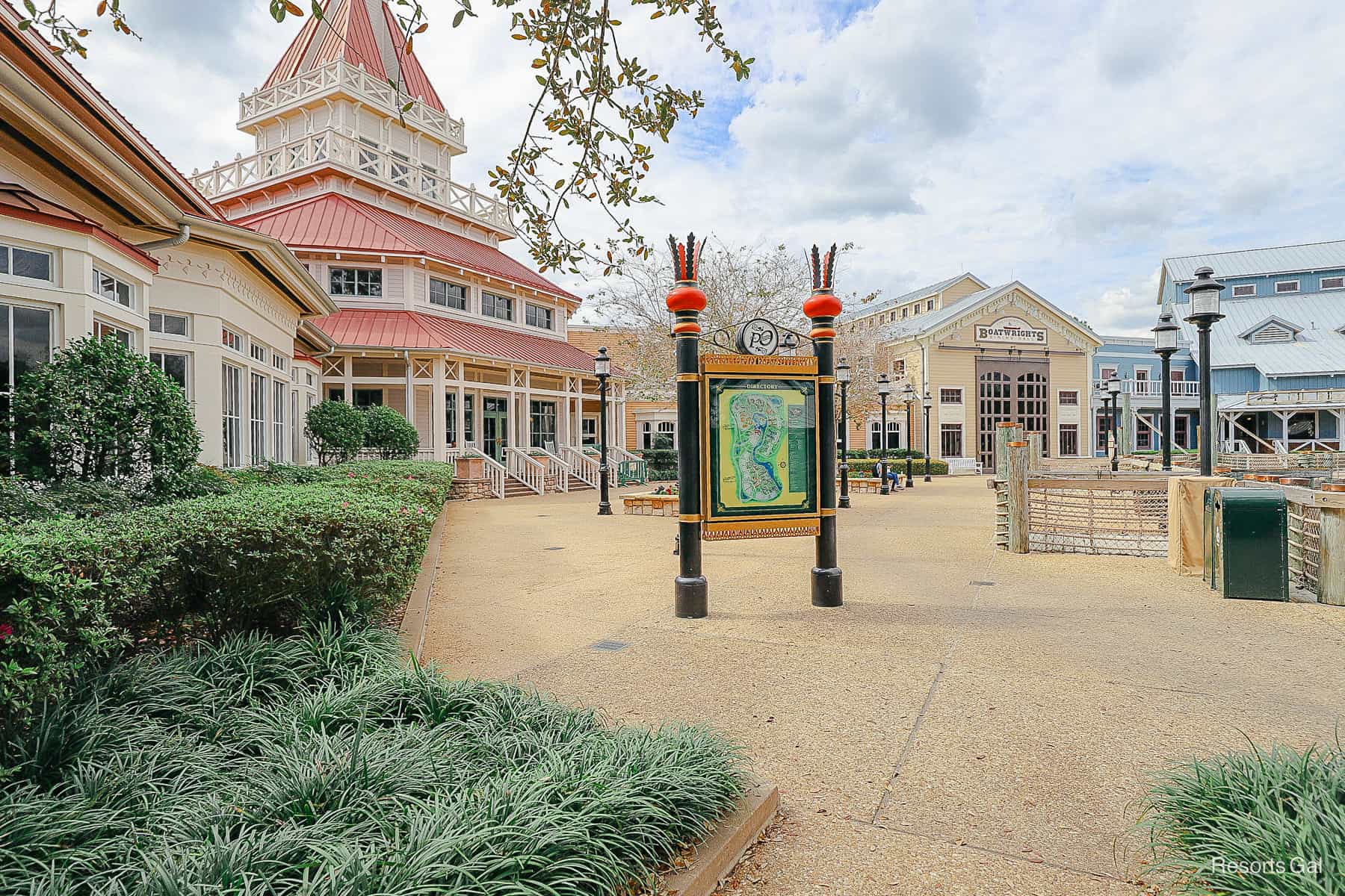 an outdoor area outside of Port Orleans Riverside lobby and dining 