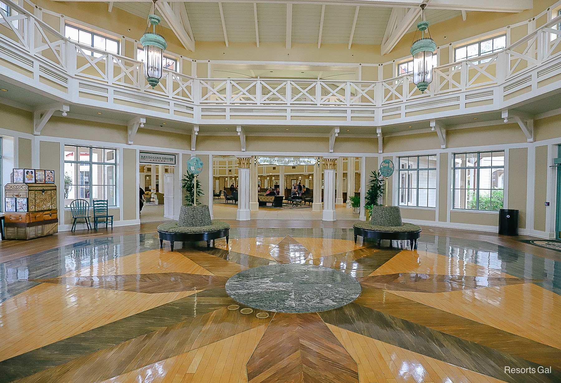the foyer to Port Orleans Riverside with decorative wood floor with marble center 