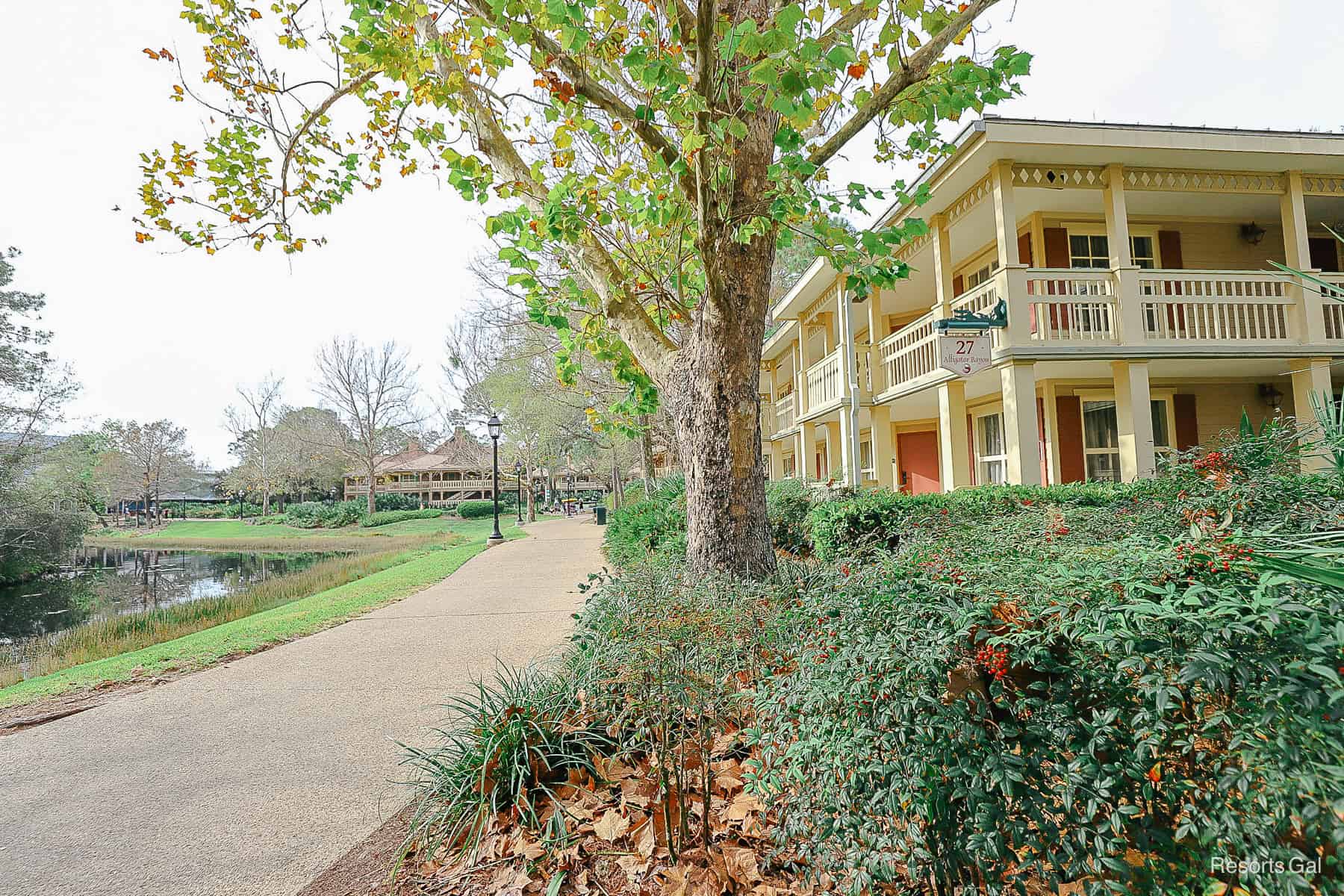 the sun shining on building 27 in Alligator Bayou in the morning 