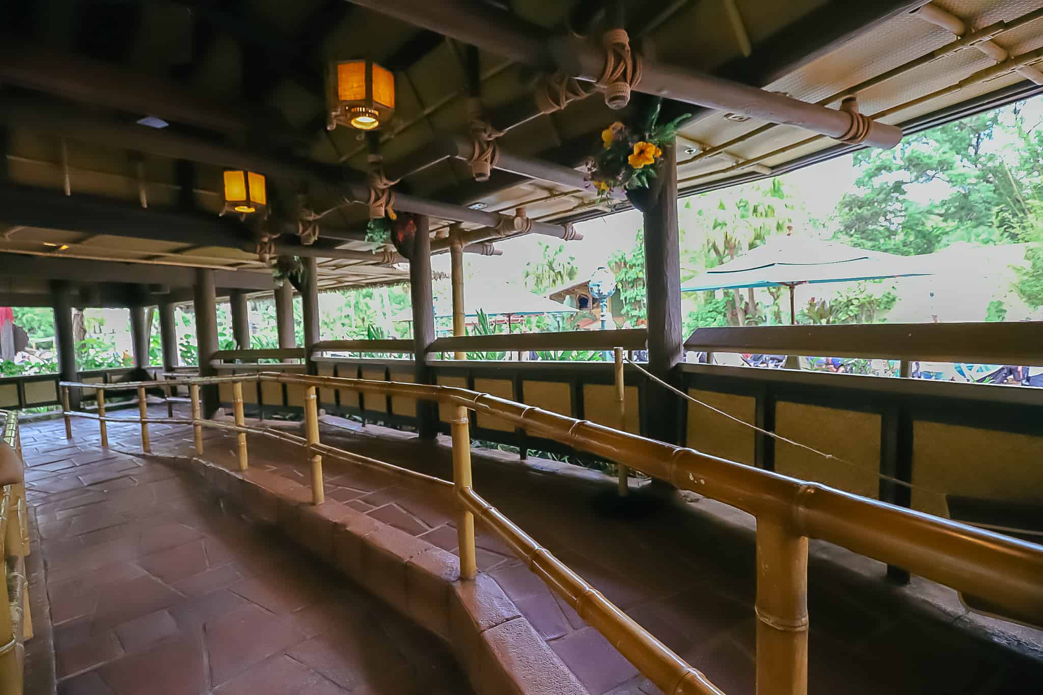 area where you wait for the pre-show at Disney's Enchanted Tiki Room 