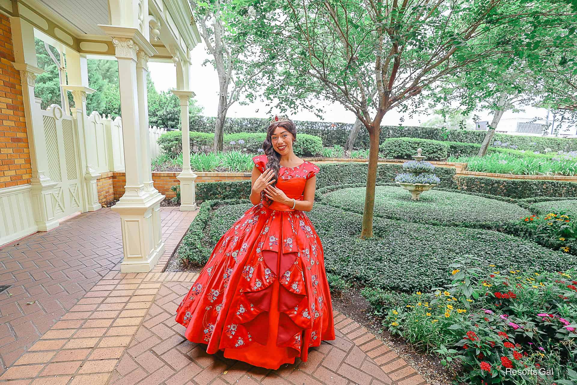full pose of Princess Elena on the Princess Patio at Magic Kingdom