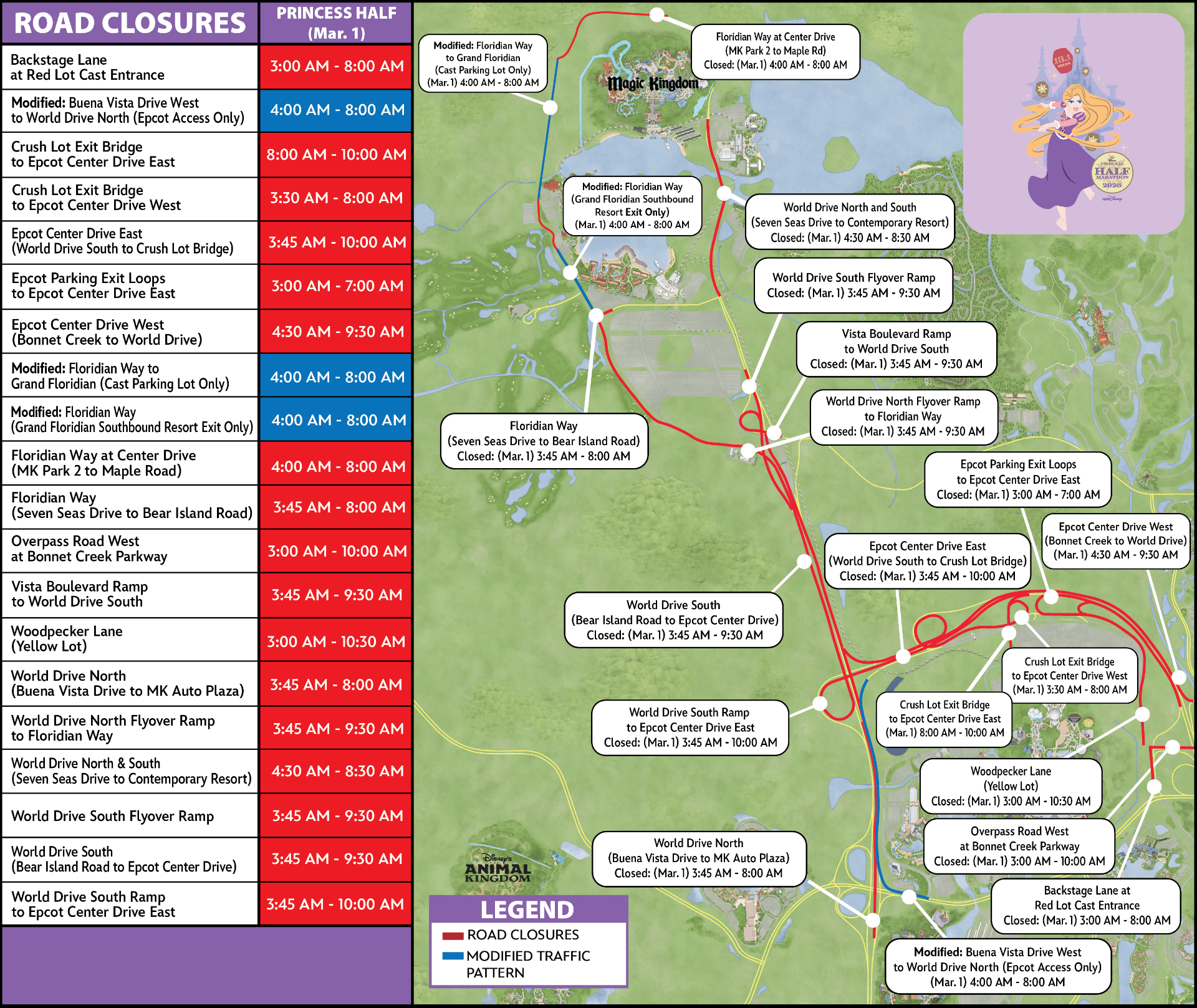 runDisney Princess Half Marathon Road Closure map 