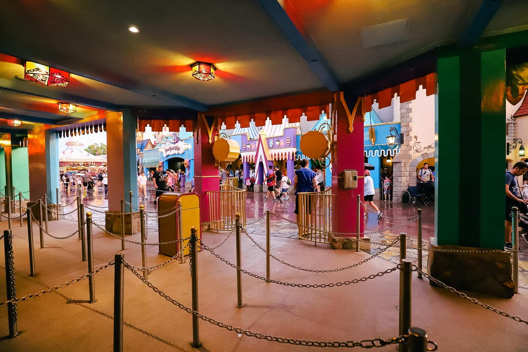 The queue looking out to Fantasyland from "it's a small world." 