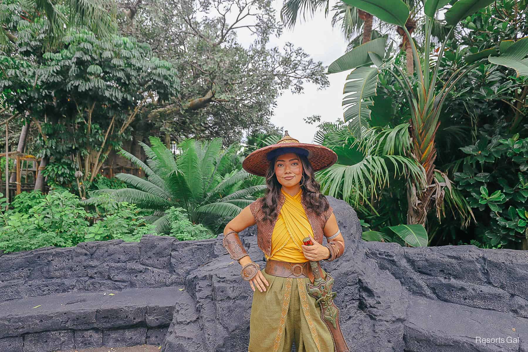 Ray poses with hand on hip in front of rock wall at Magic Kingdom. 