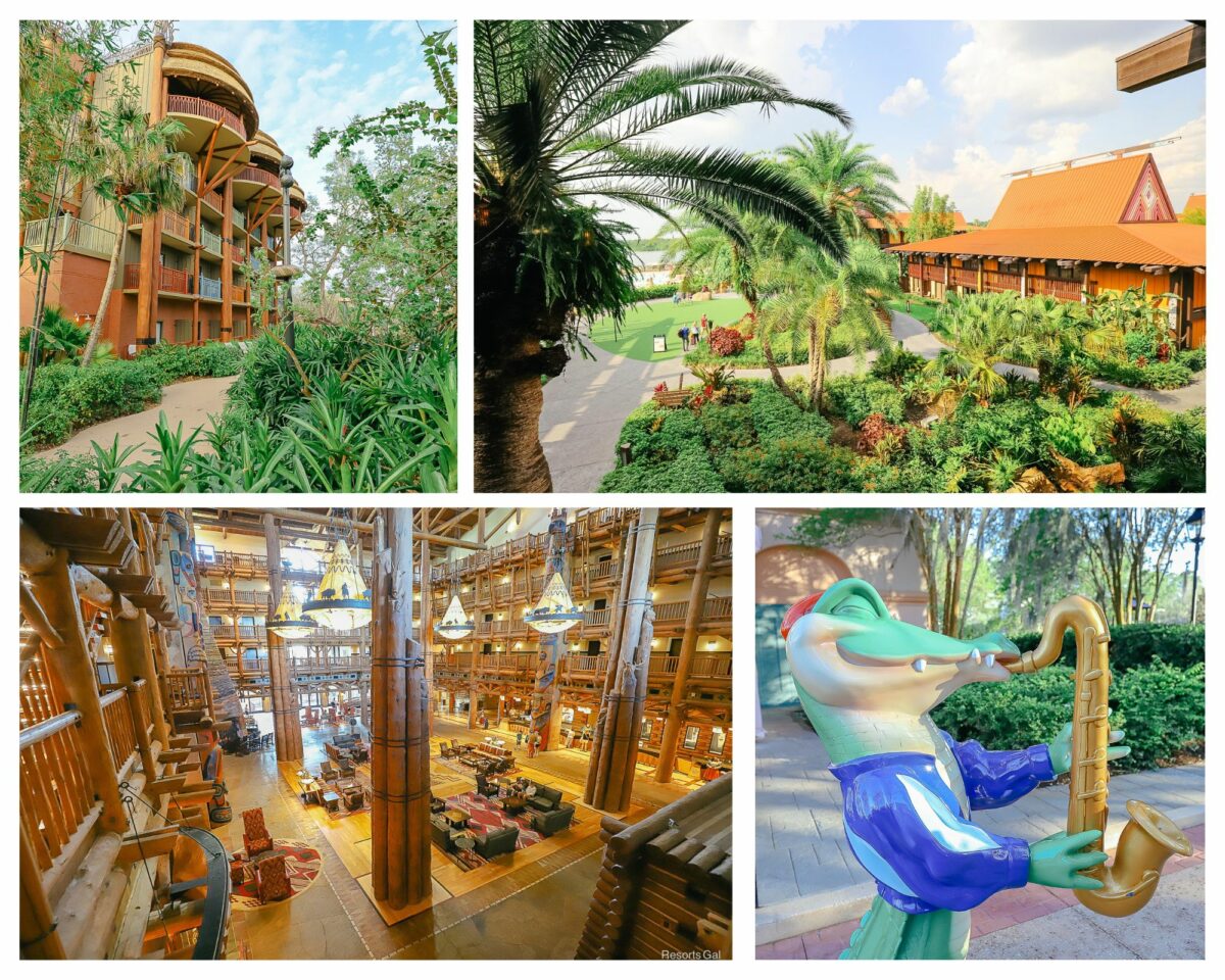 collage with four resorts showcasing resort hopping destinations at Disney World