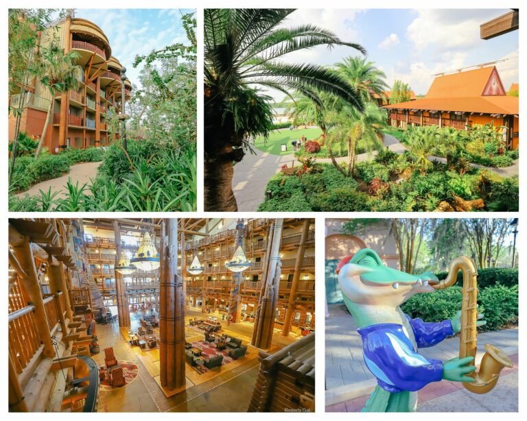 collage with four resorts showcasing resort hopping destinations at Disney World