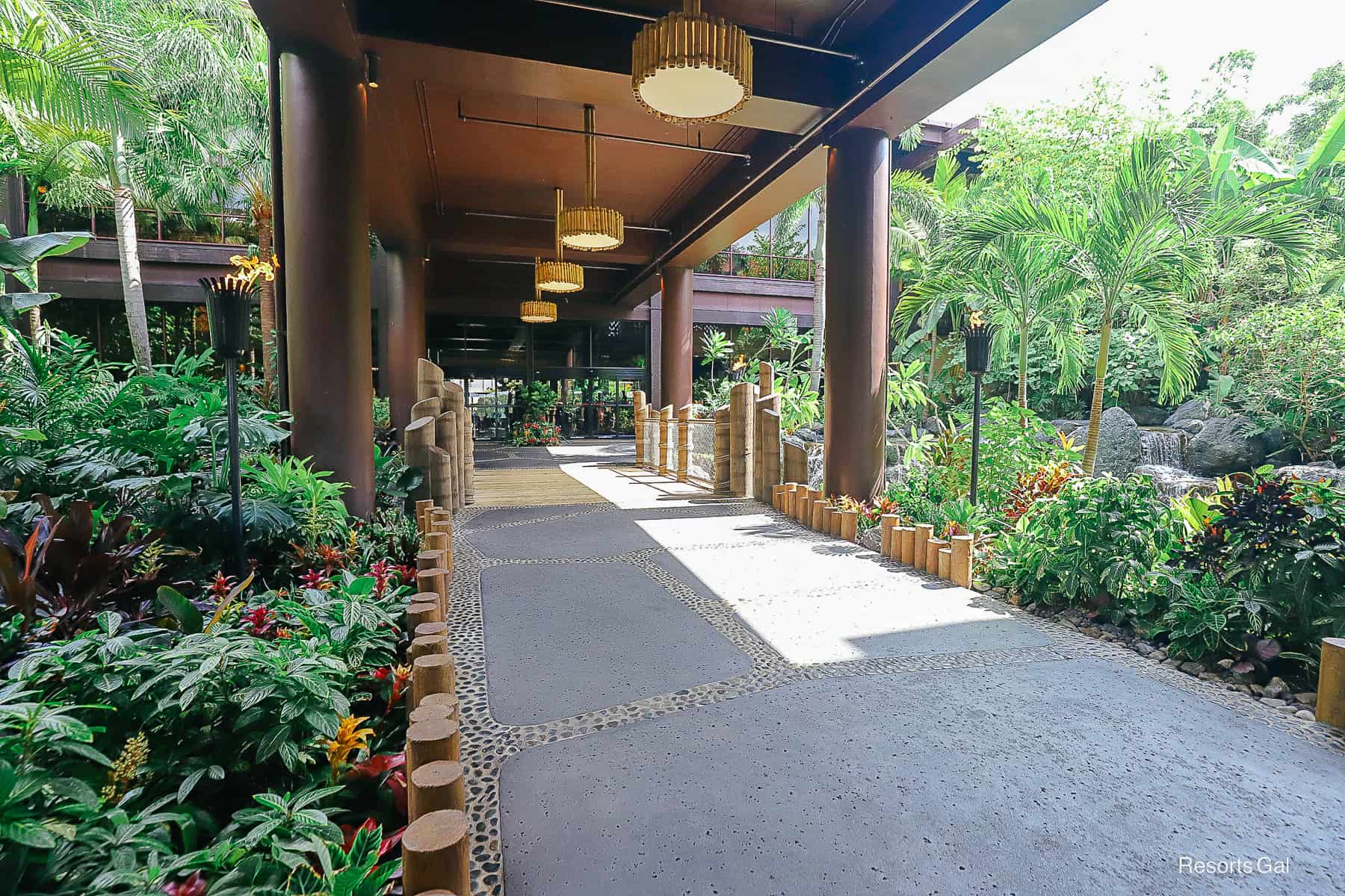 the lush landscaped entrance of Disney's Polynesian Village Resort