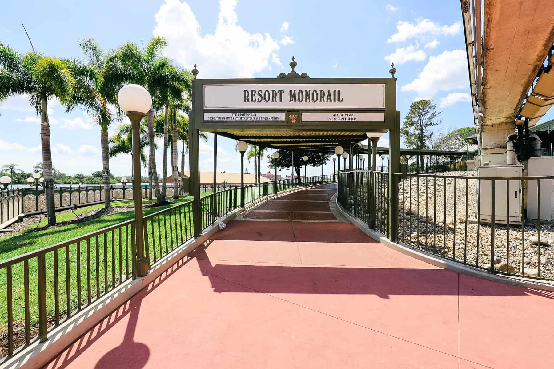 A walkway that leads up to the resort monorail at Magic Kingdom.
