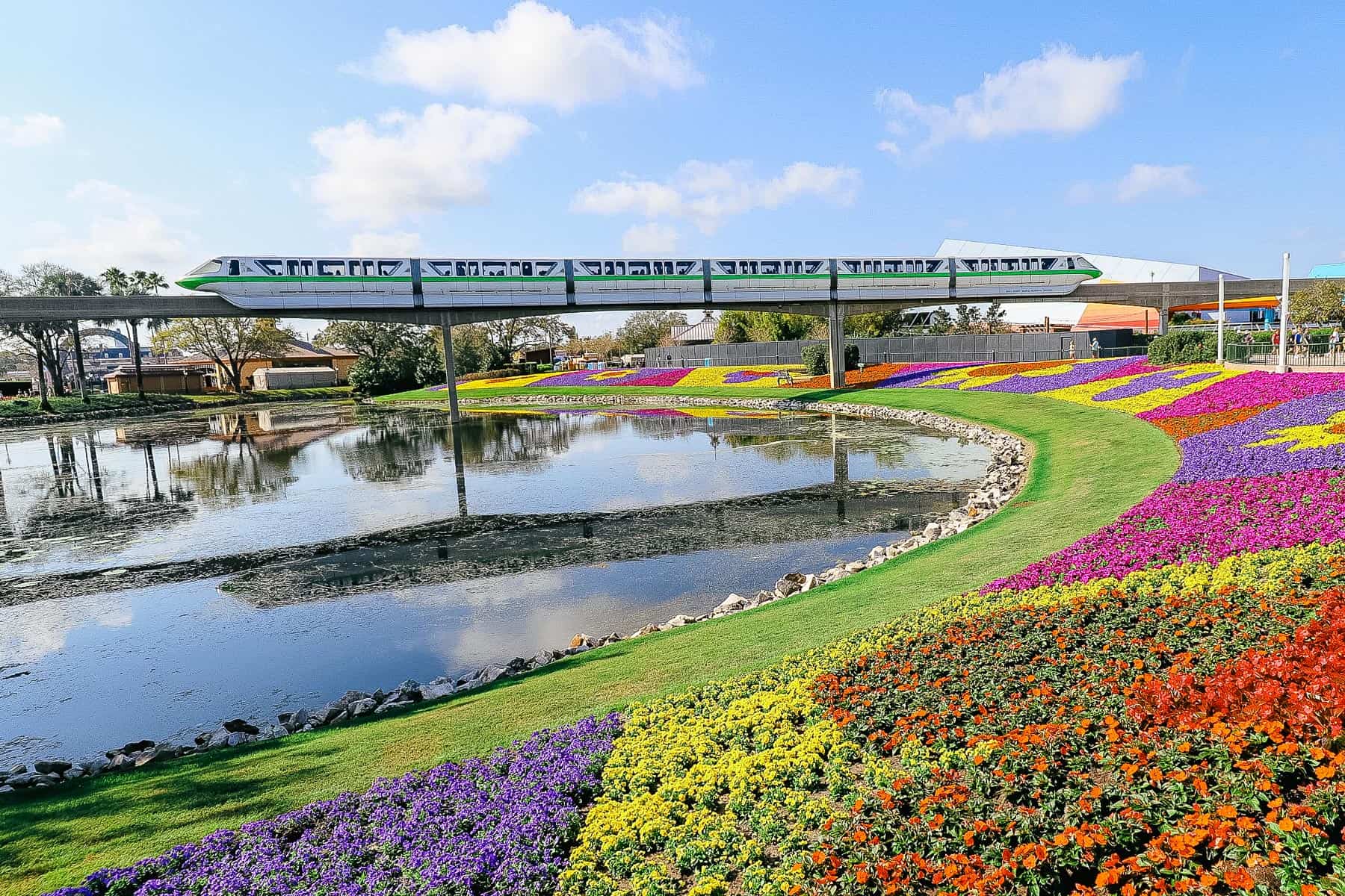 The monorail going over Epcot during the Spring. 