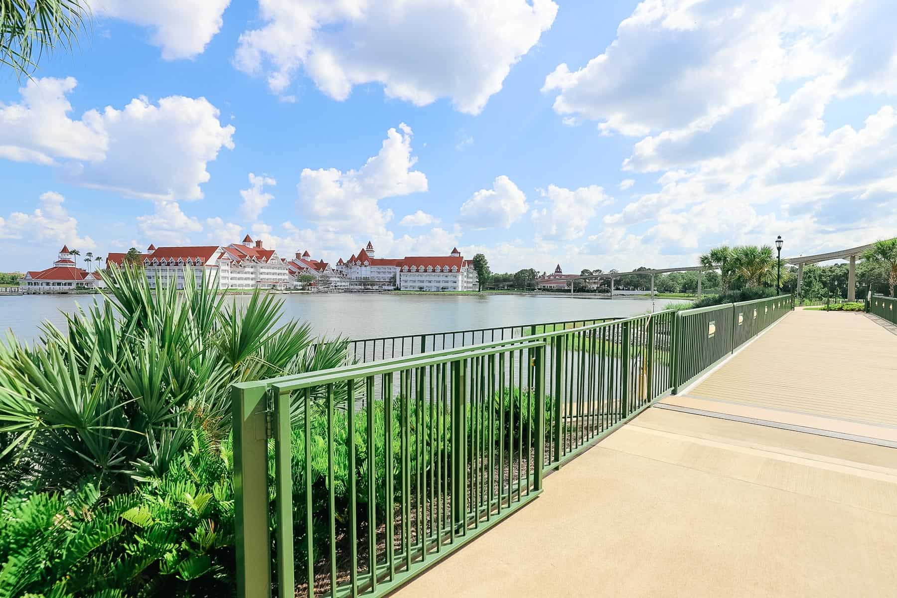 The pathway between Grand Floridian and Magic Kingdom with Grand Floridian in the background. 