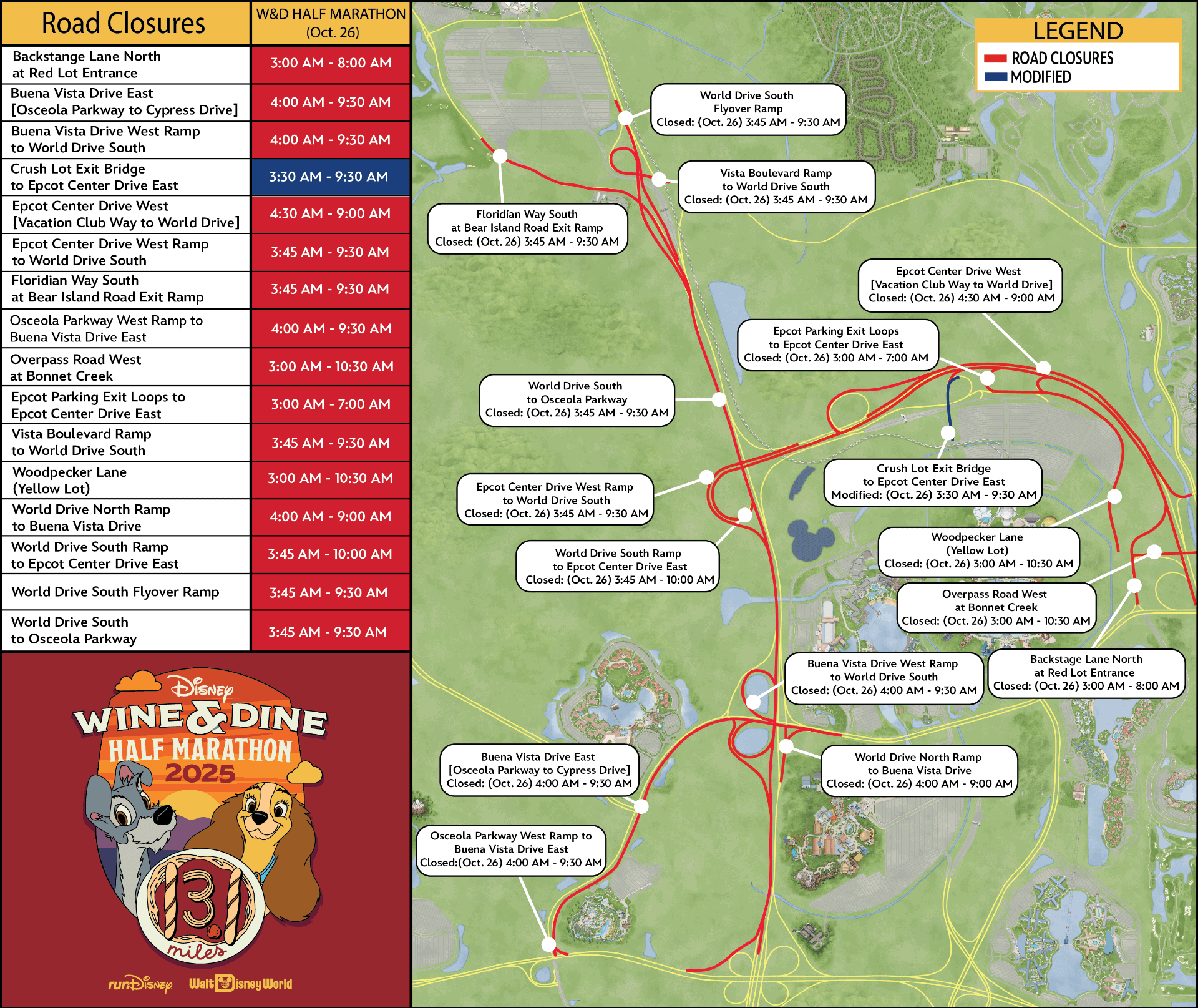 a map with road closures for the Wine and Dine Half Marathon