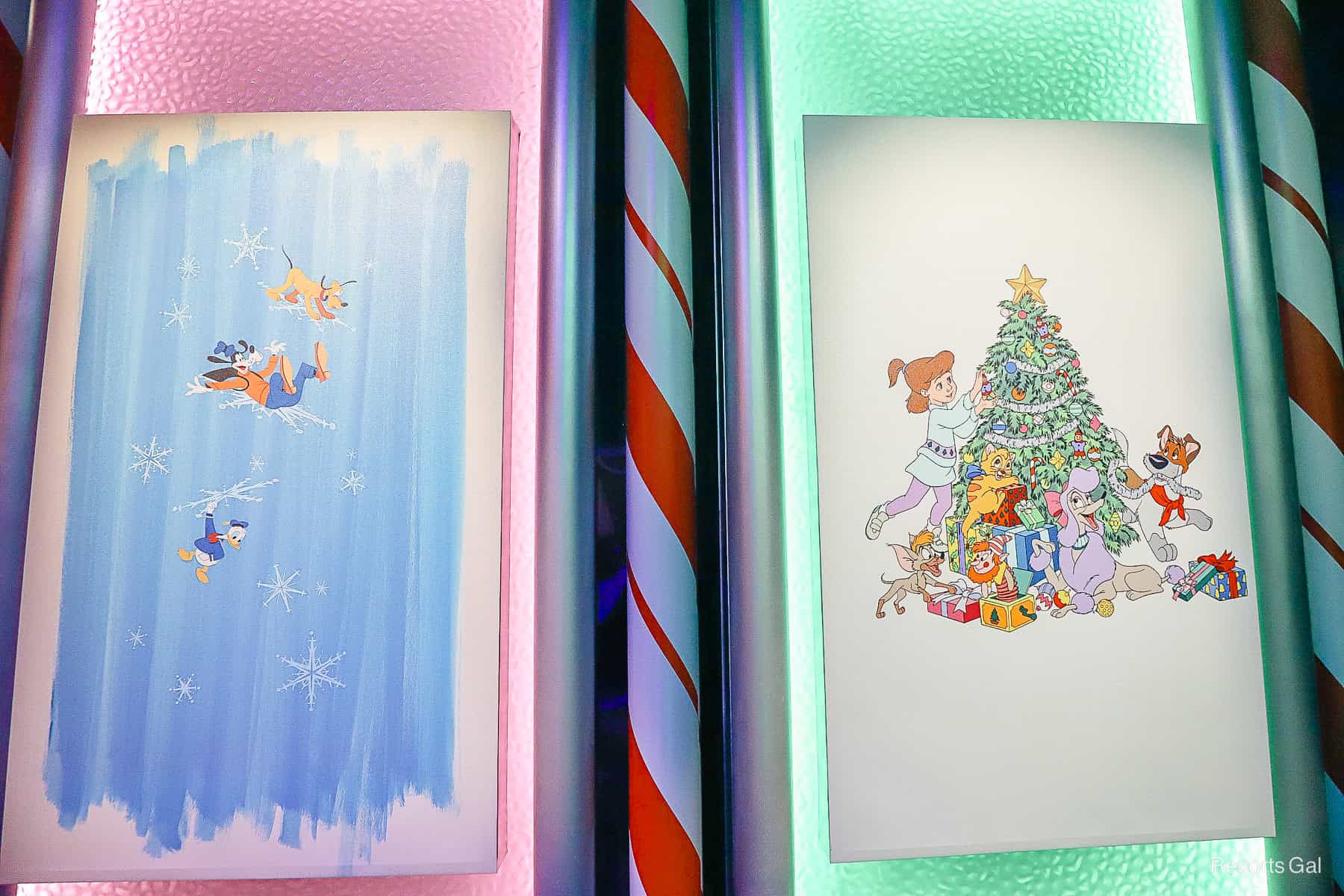 a painting of Goofy and a Christmas scene from the movie 'Oliver'