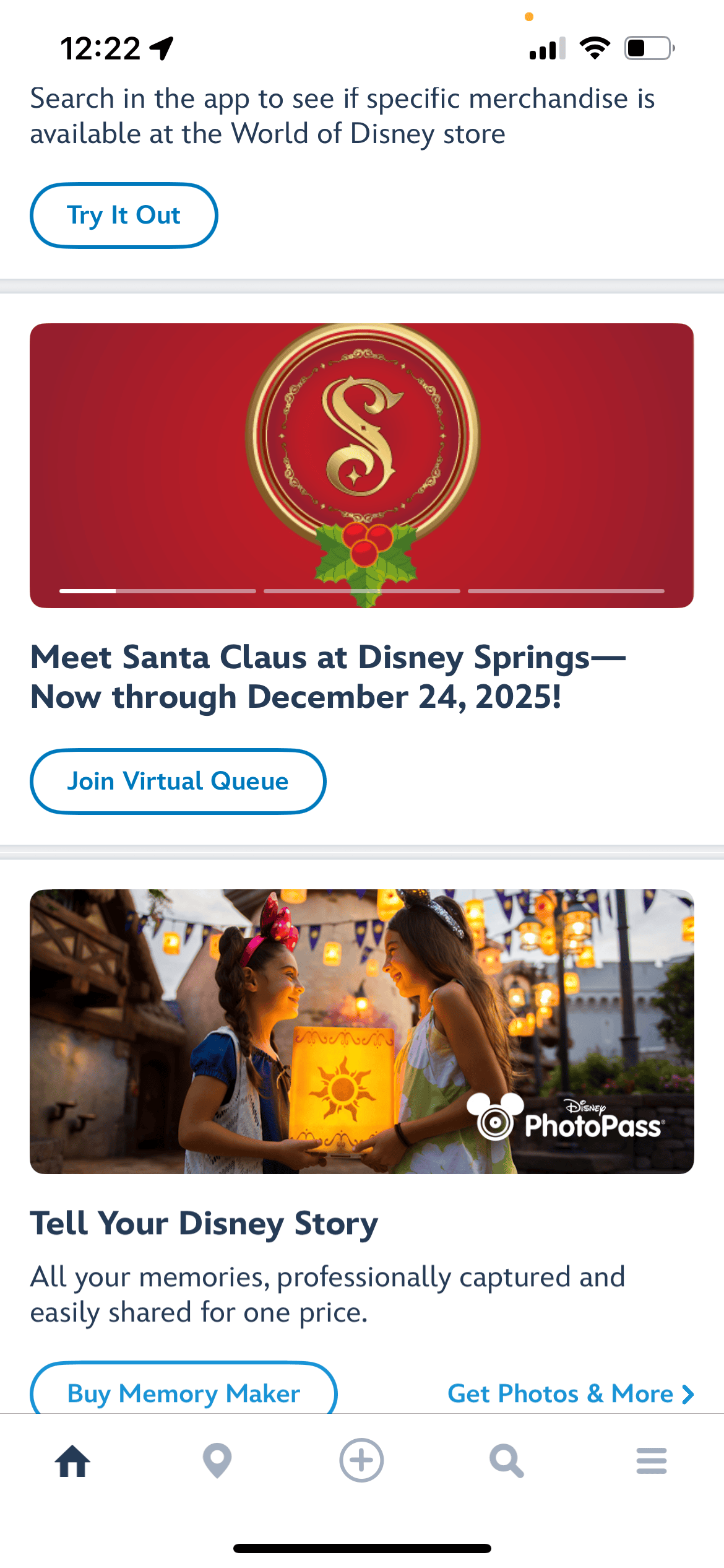 a screenshot that shows how to locate the Santa Disney Springs virtual queue in the My Disney Experience app