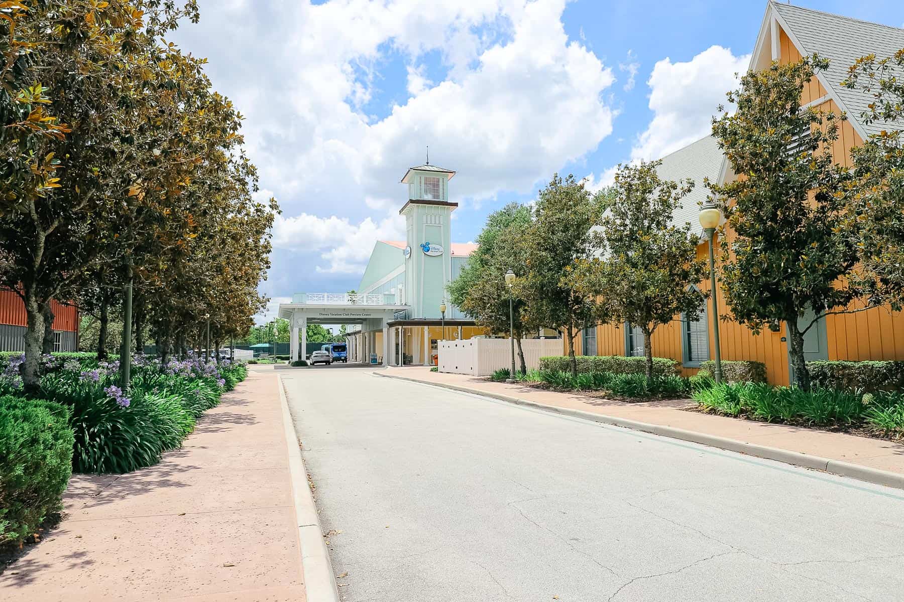 Shows the entrance to the Disney Vacation Club Center at Saratoga Springs. 