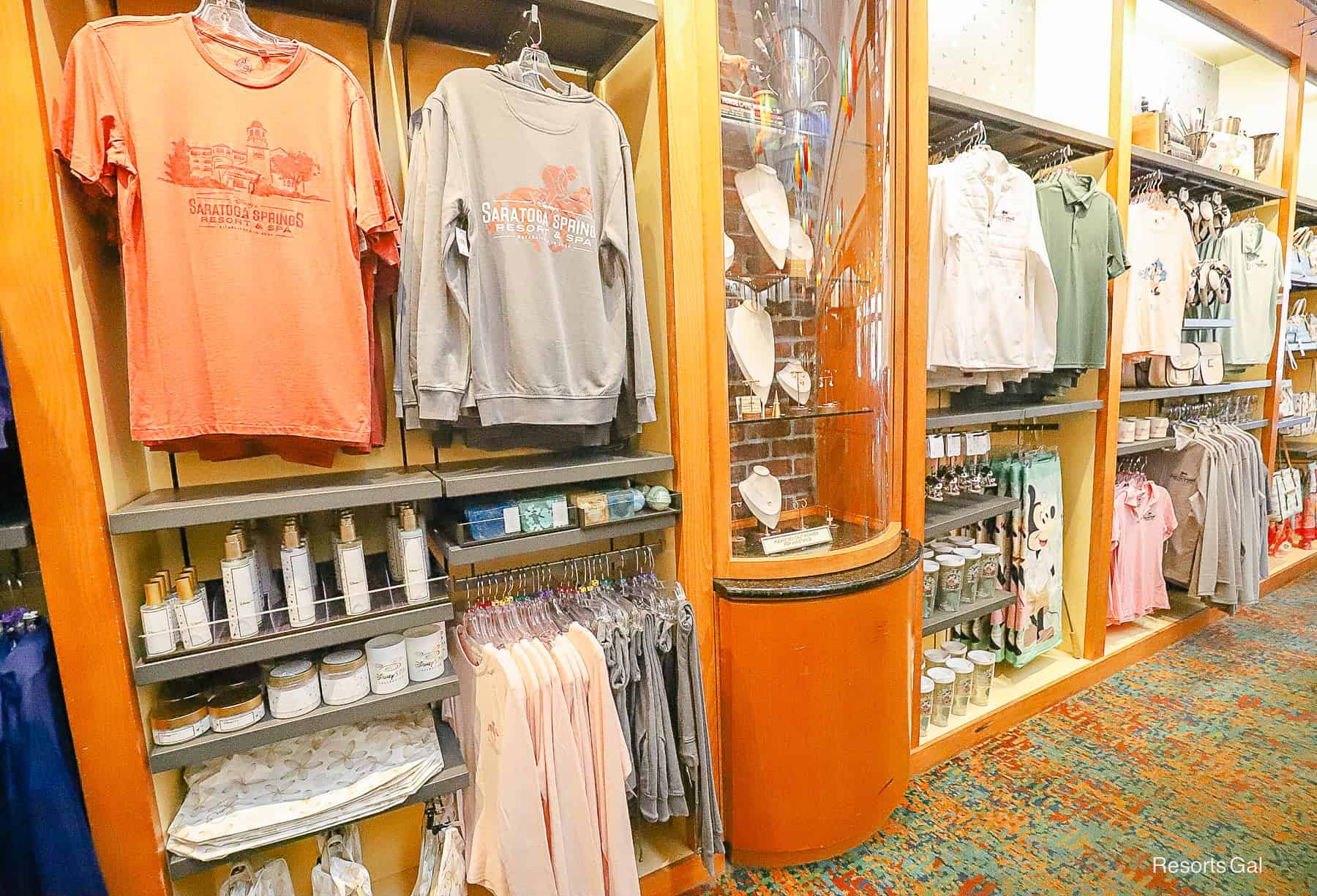 a display featuring resort-branded merchandise in the hotel gift shop 
