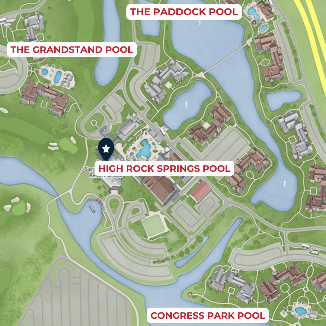 map that shows the pool locations at Disney's Saratoga Springs