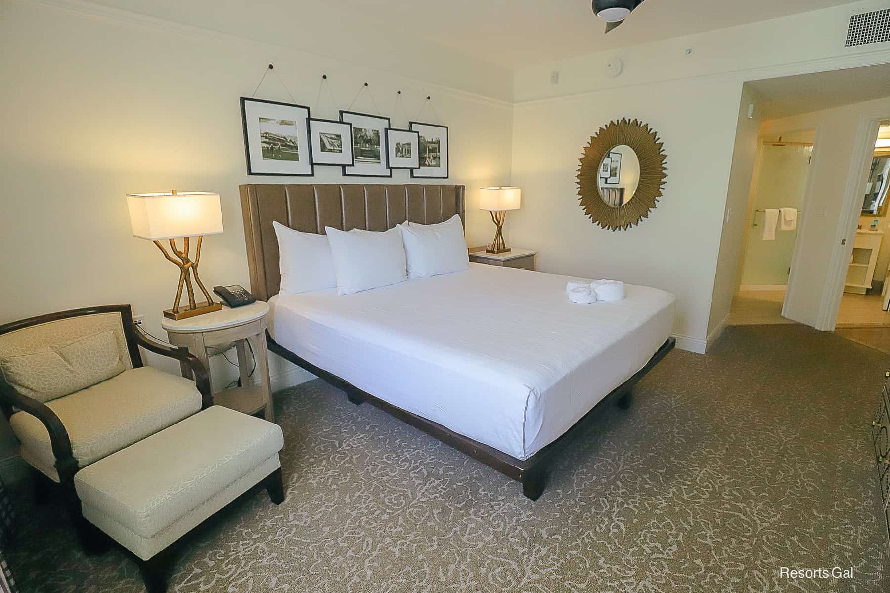 opposite view of the king-size bed with carpeted floors