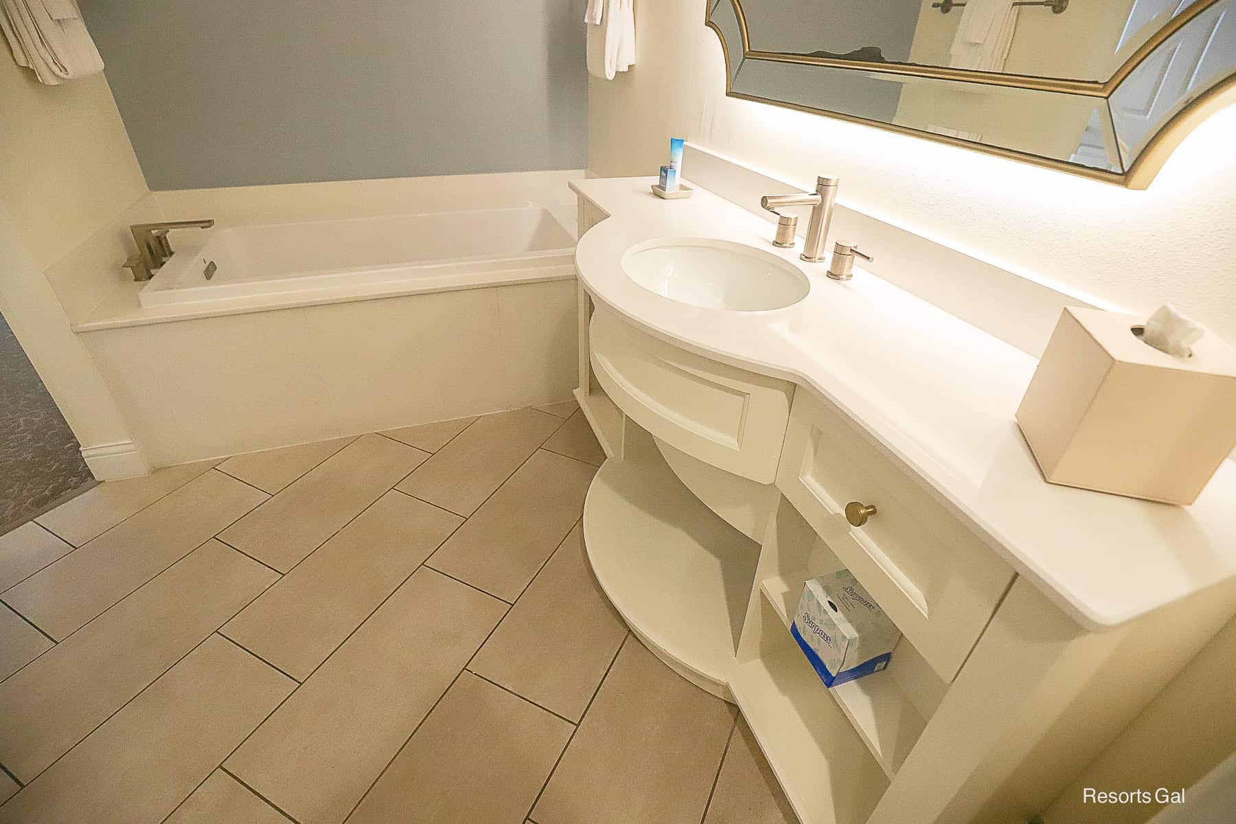 a vanity with one sink