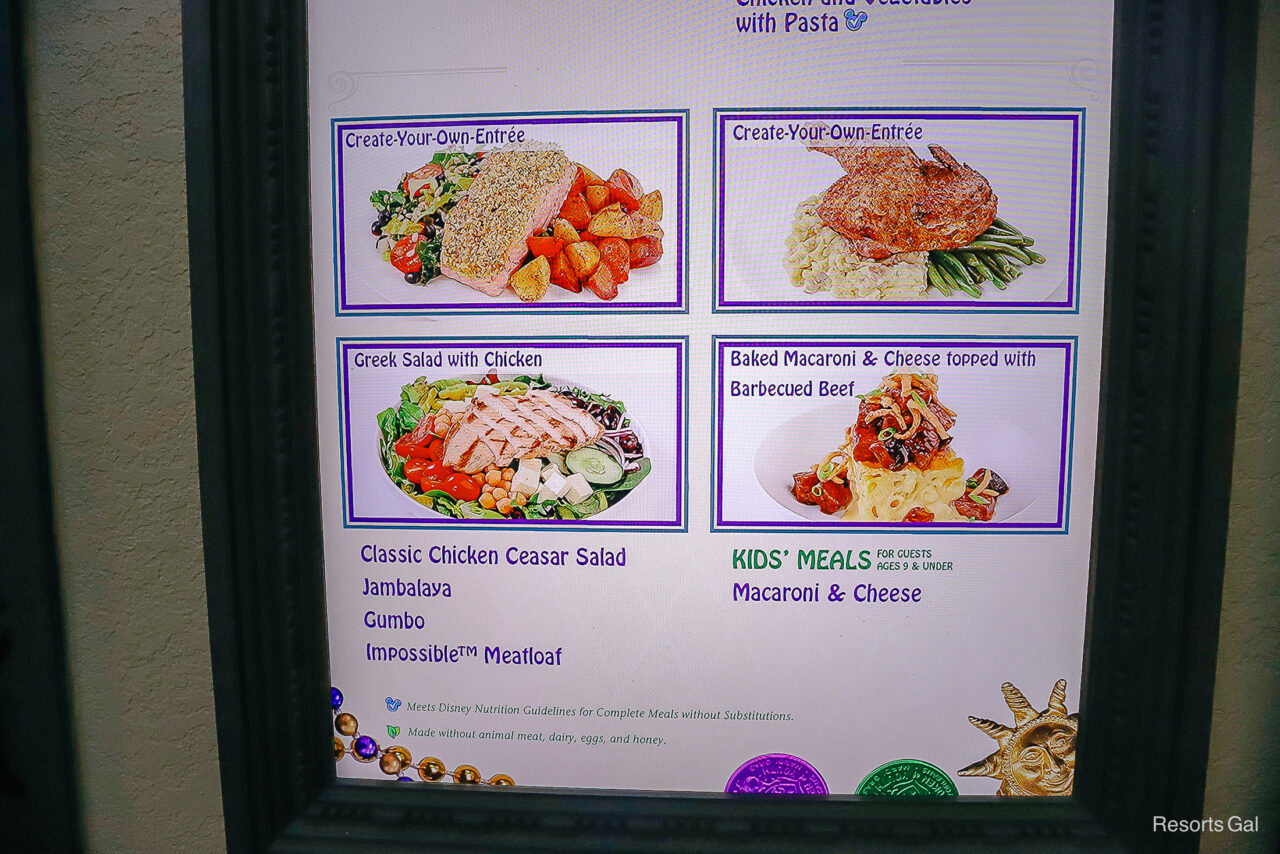 a menu board for Sassagoula Floatworks and Food Factory that shows create your own entrees in 2024 