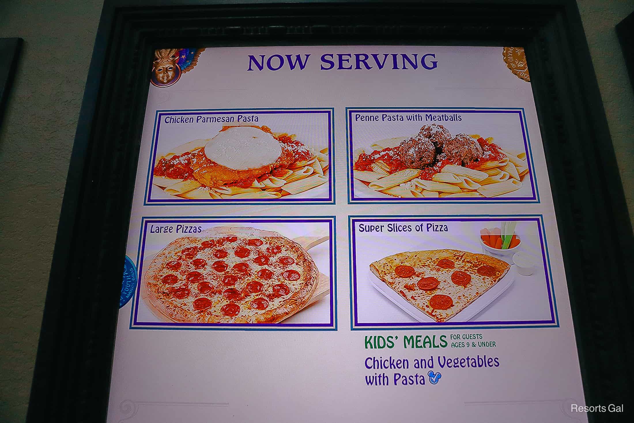 a menu board with pizza, pasta, and other items at Sassagoula Floatworks and Food Factory 