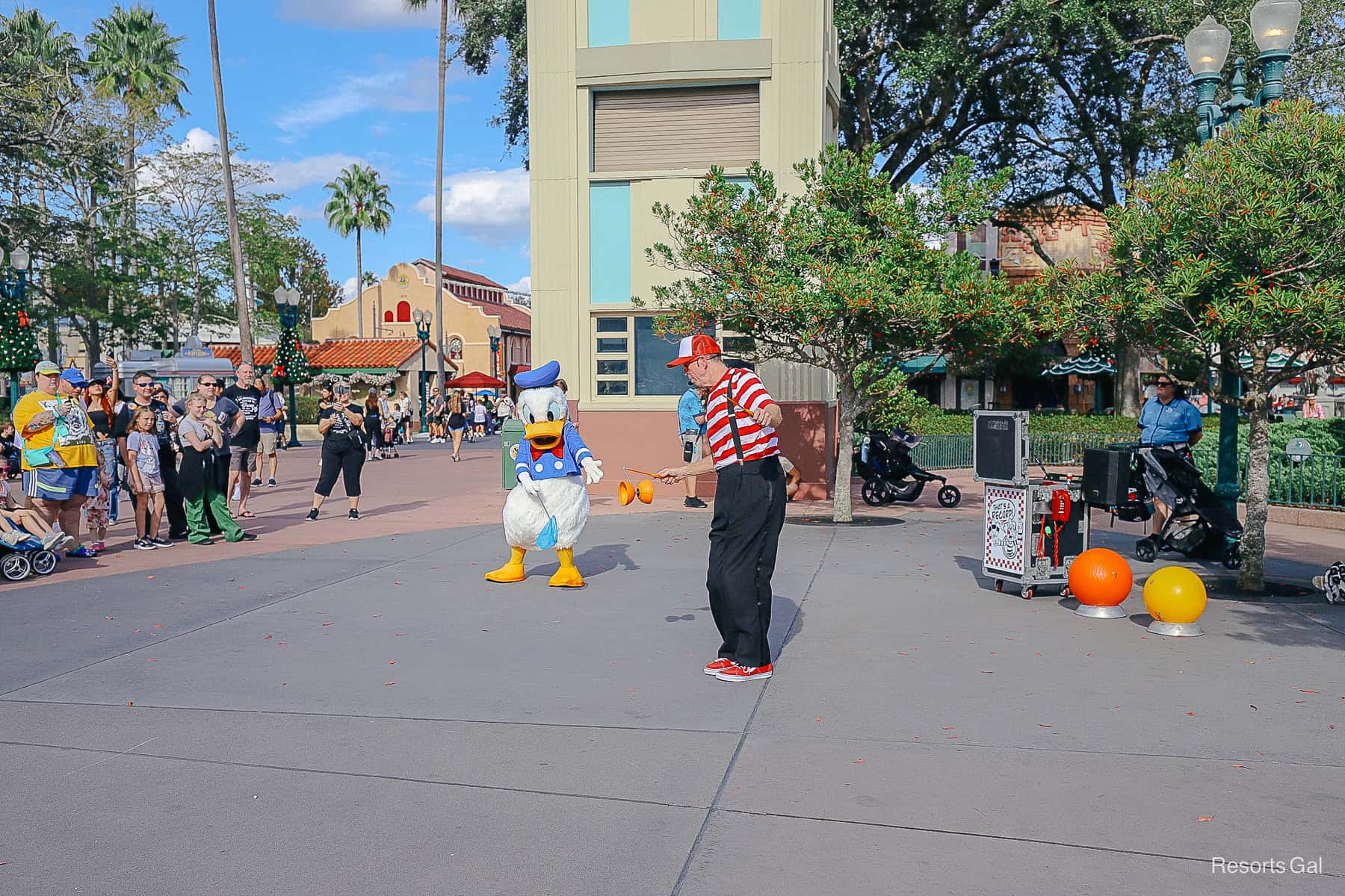 the Record Setters and Donald Duck entertaining guests at Hollywood Studios 
