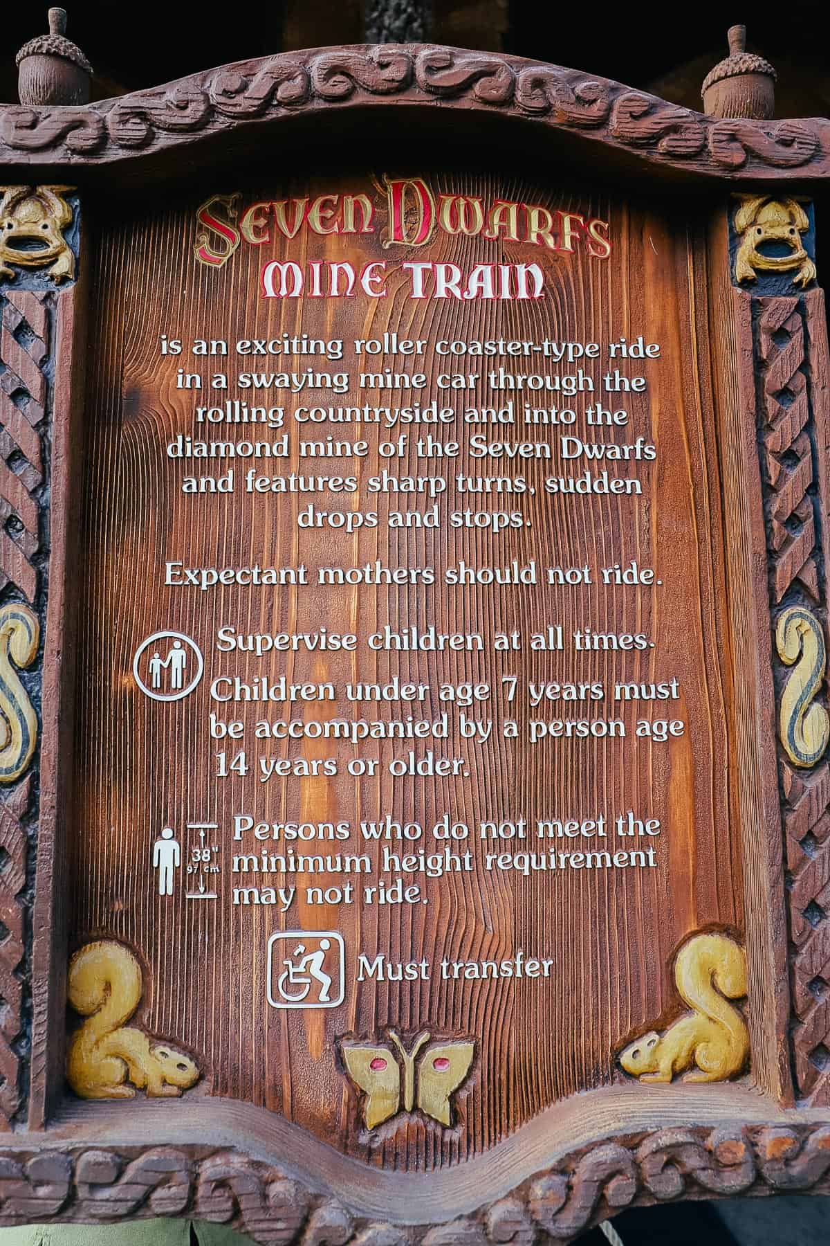 Seven Dwarfs Mine Train posted ride rules. 